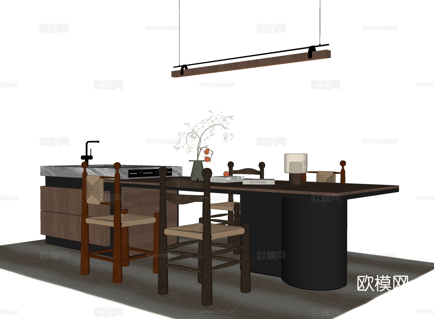 中古风餐桌椅 岛台餐桌椅su模型