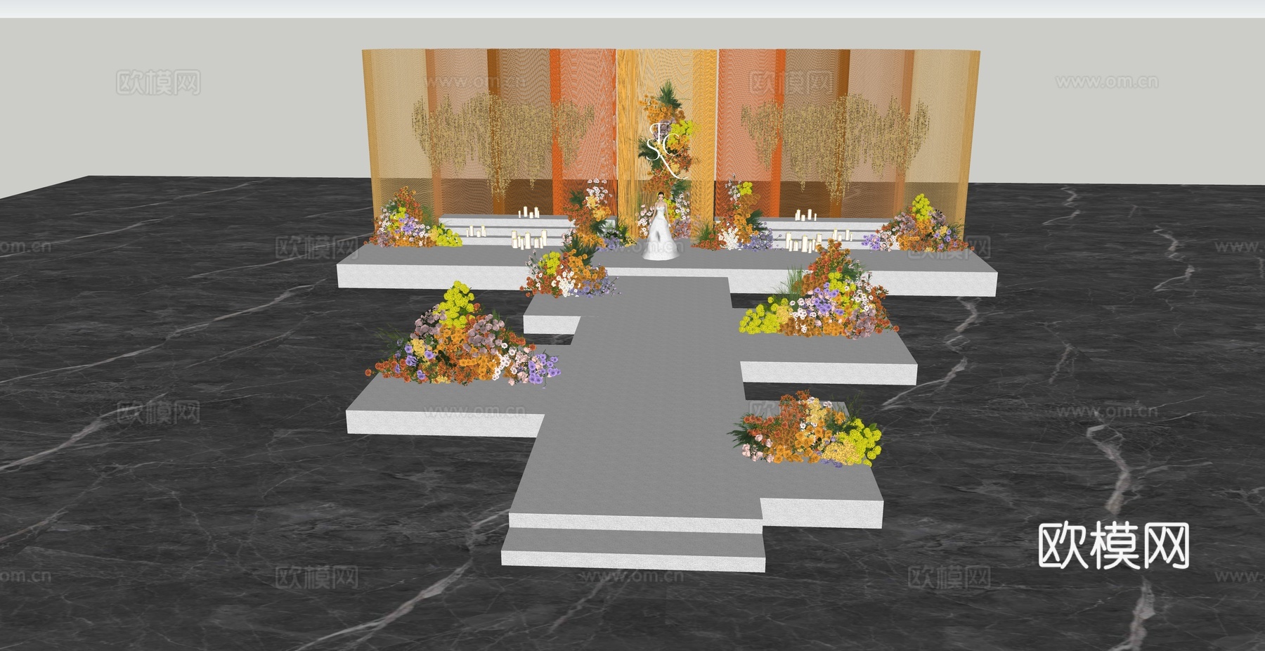 小众橙黄撞色婚礼场景su模型下载（渲染图5）