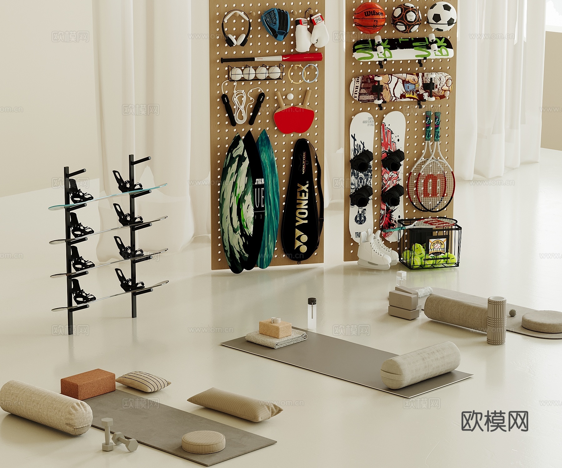 现代运动器材 球类 滑板 瑜伽垫su模型