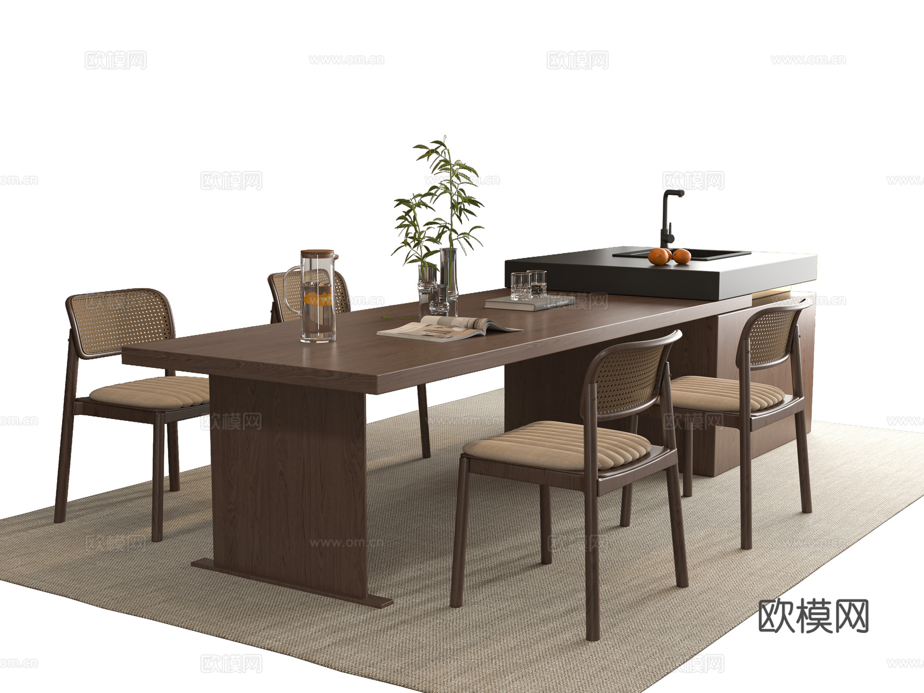 中古风餐桌椅3d模型下载