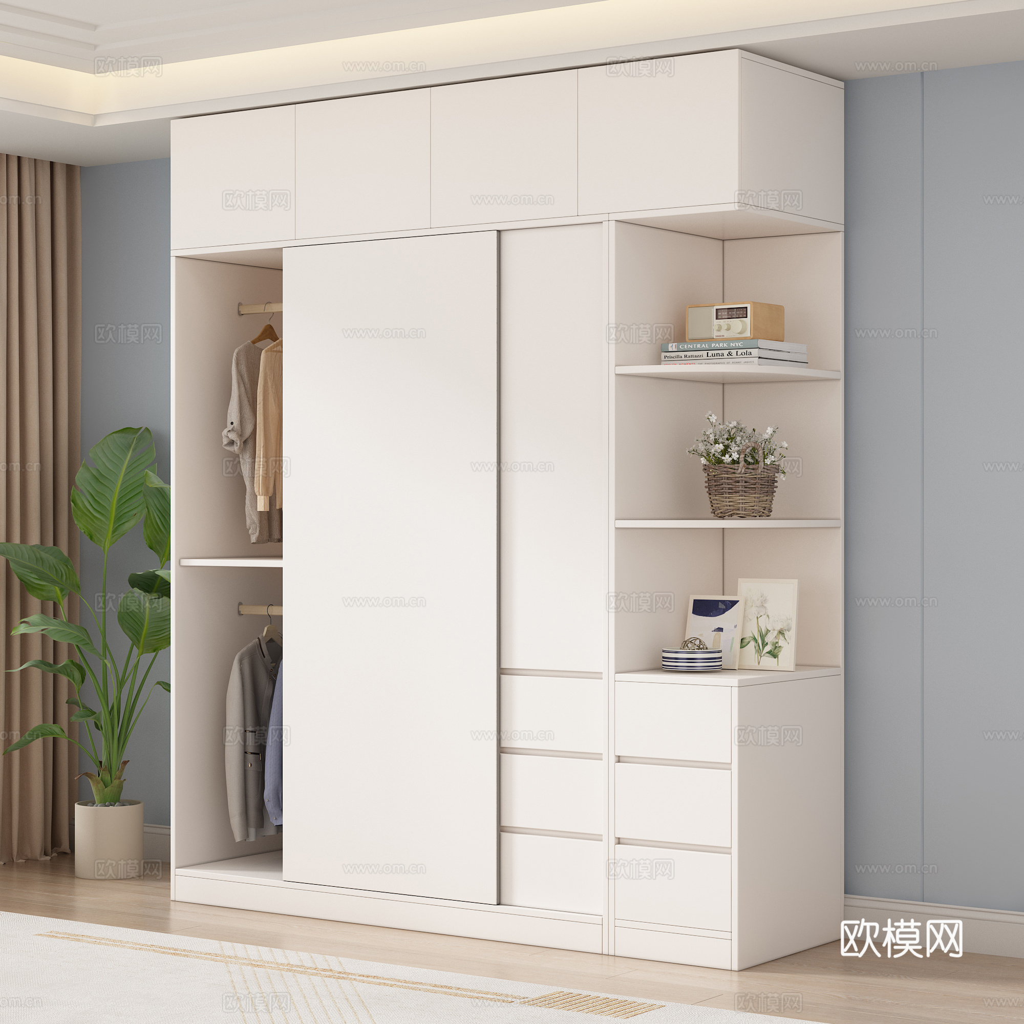 现代推拉门衣柜 衣服 摆件组合 绿植 地毯su模型