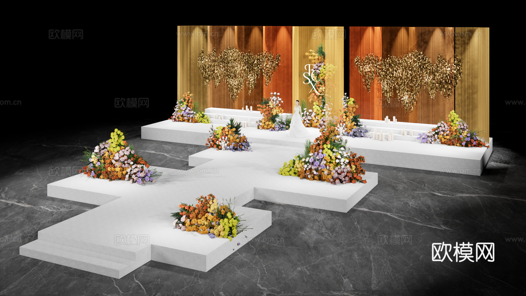 小众橙黄撞色婚礼场景su模型下载（渲染图4）