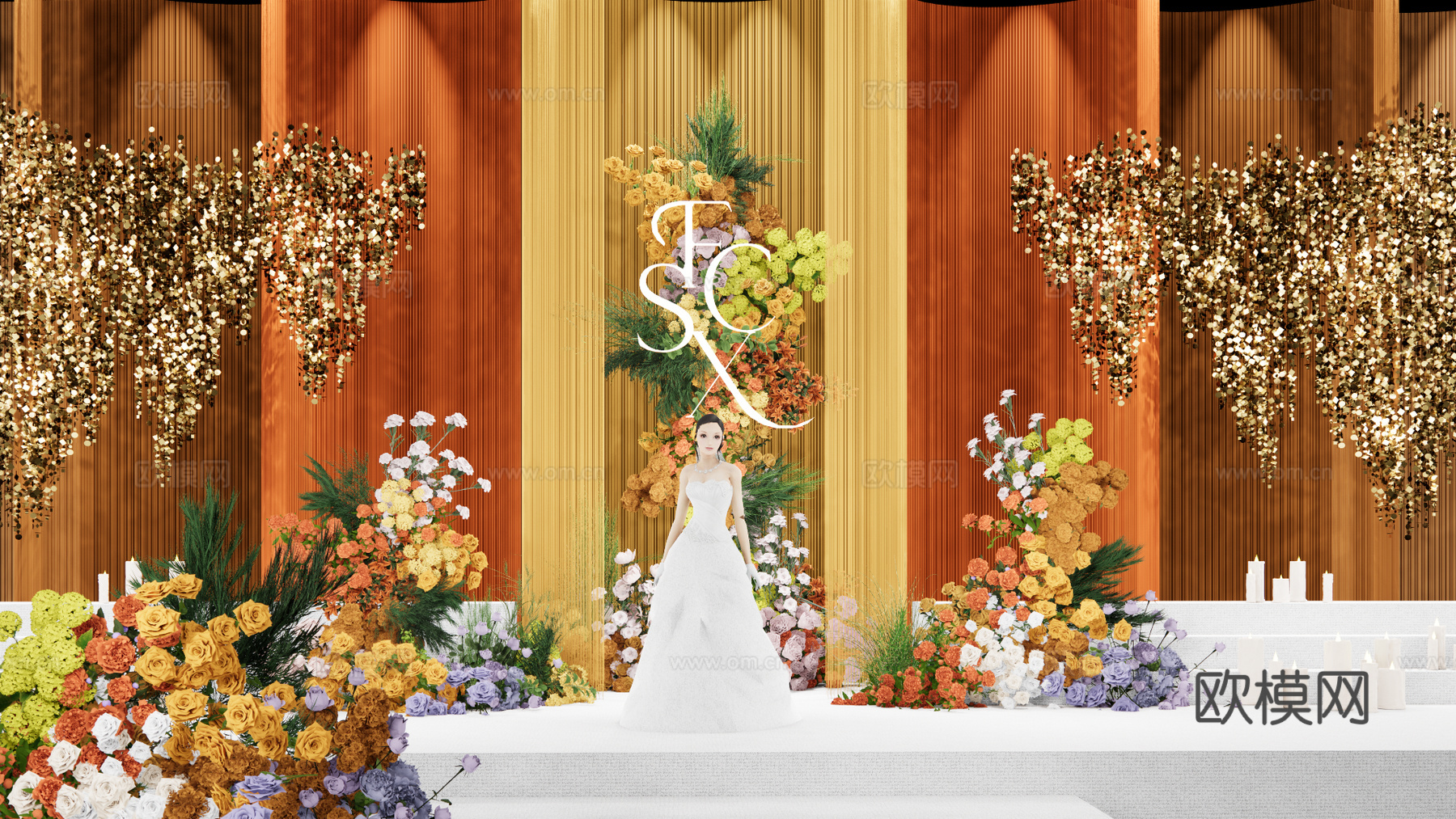 小众橙黄撞色婚礼场景su模型下载（渲染图2）