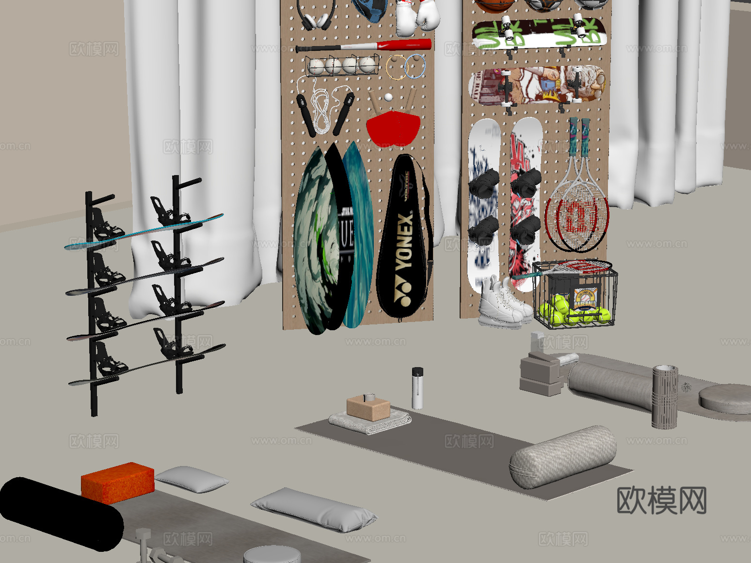 现代运动器材 球类 滑板 瑜伽垫su模型