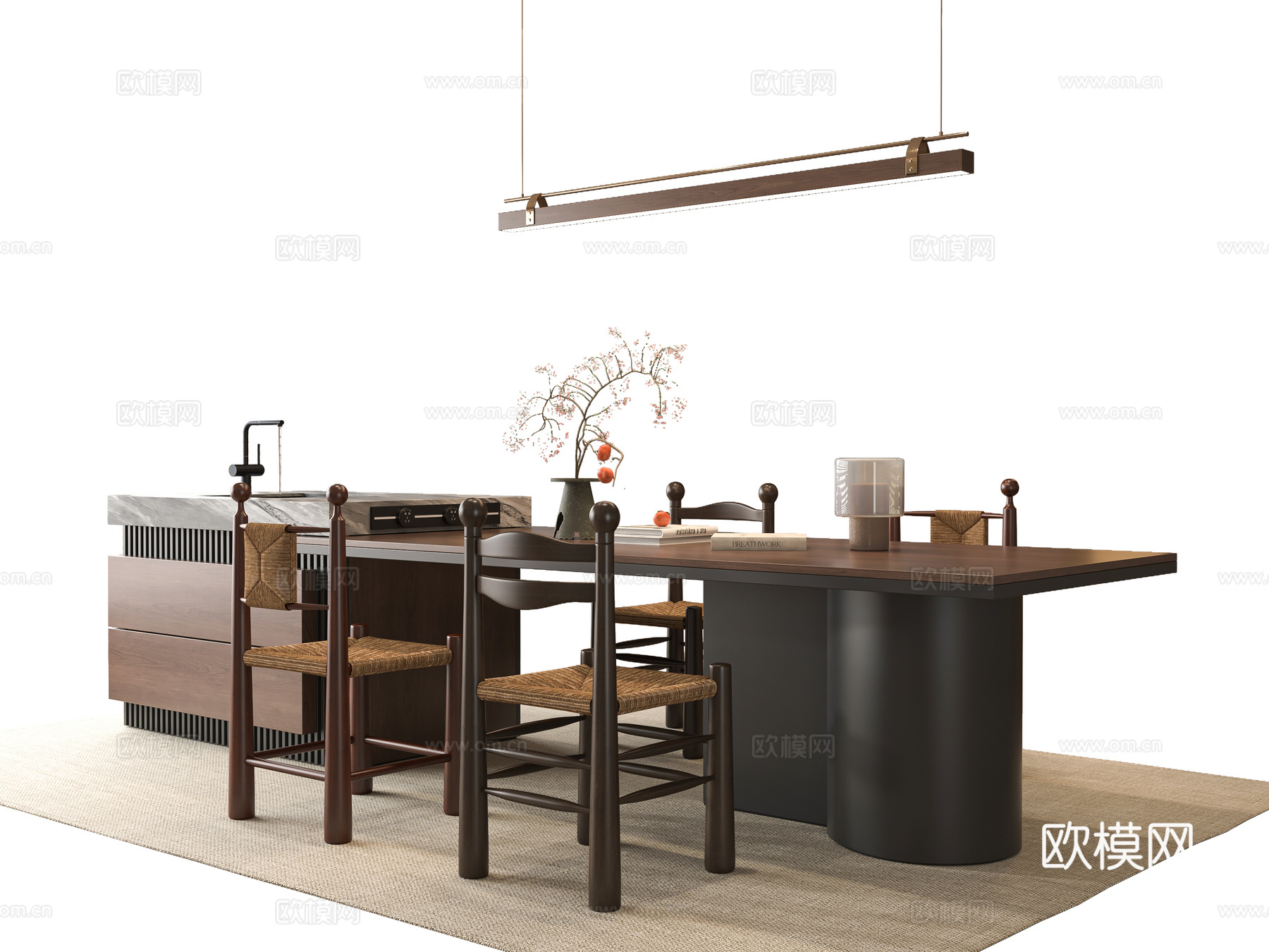 中古风餐桌椅 岛台餐桌椅su模型