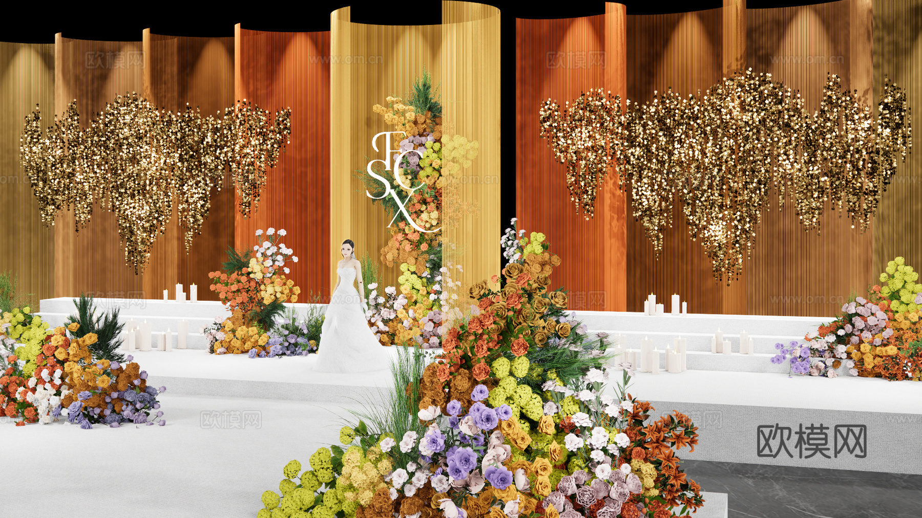 小众橙黄撞色婚礼场景su模型下载（渲染图3）