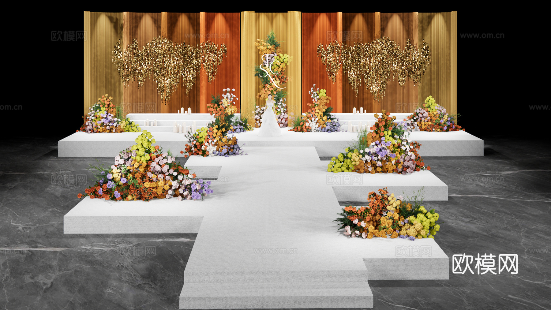 小众橙黄撞色婚礼场景su模型下载（渲染图1）