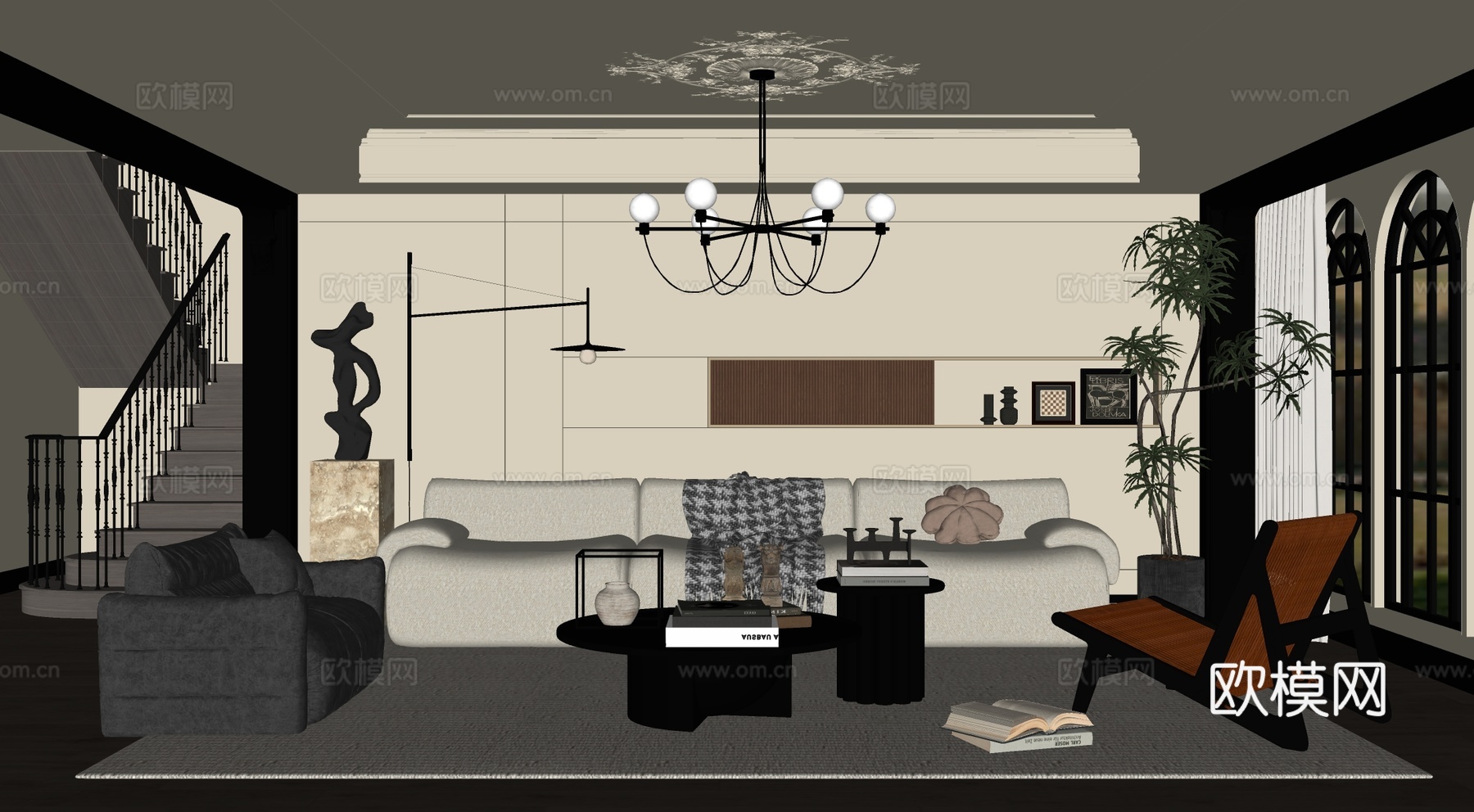 法式  客厅 沙发 单椅 茶几su模型下载（渲染图2）