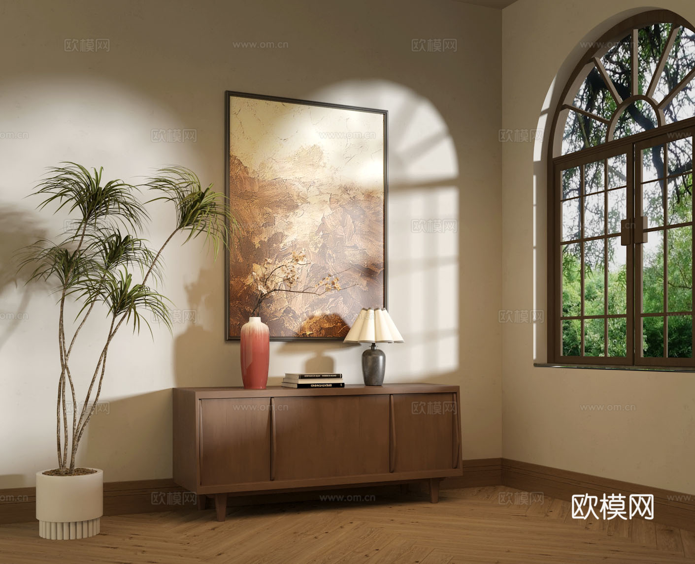 侘寂中古边柜挂画法式窗su模型