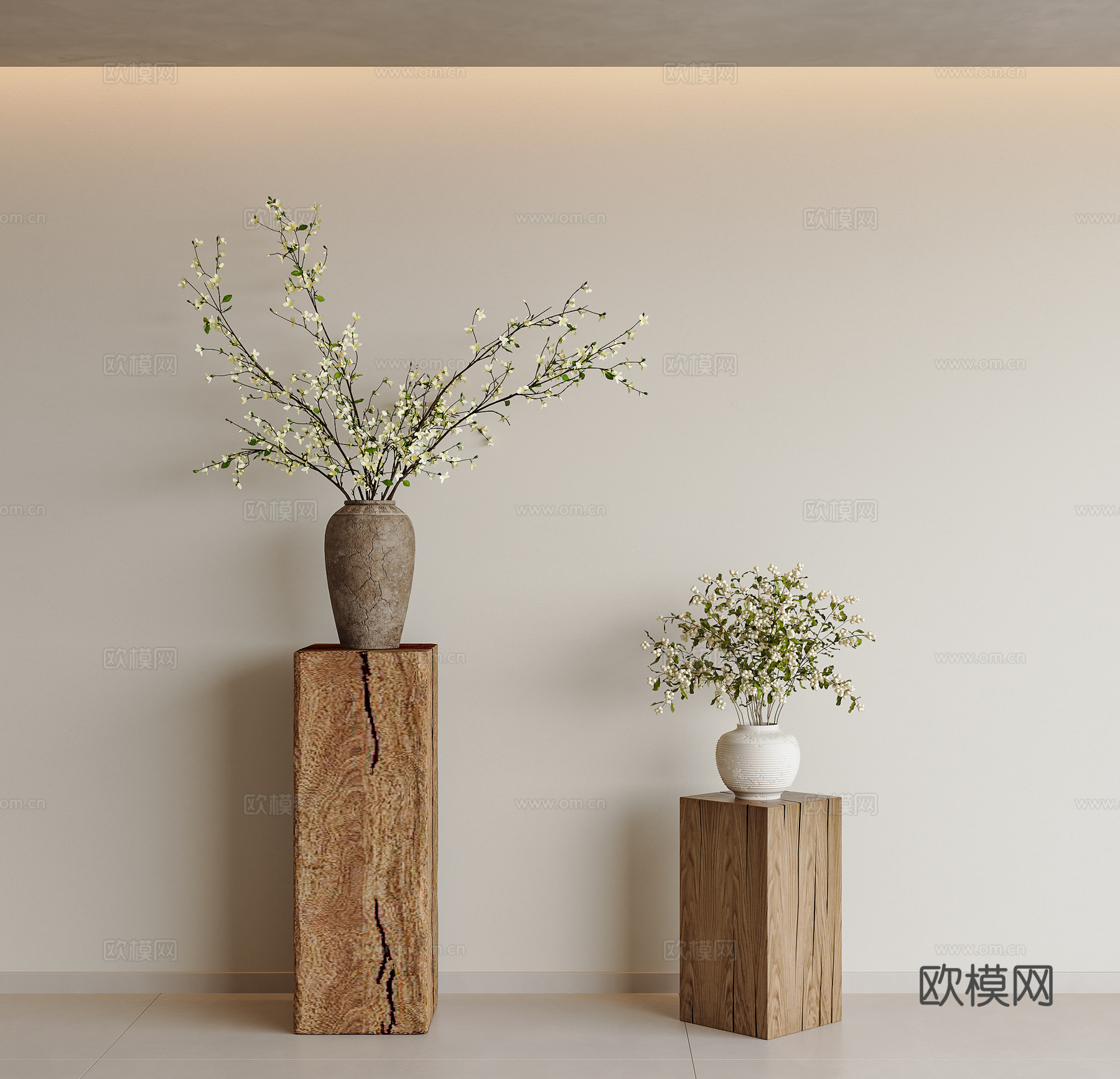 绿植盆栽 中古风绿植摆件 侘寂风绿植摆件 实木墩子 绿植摆件su模型
