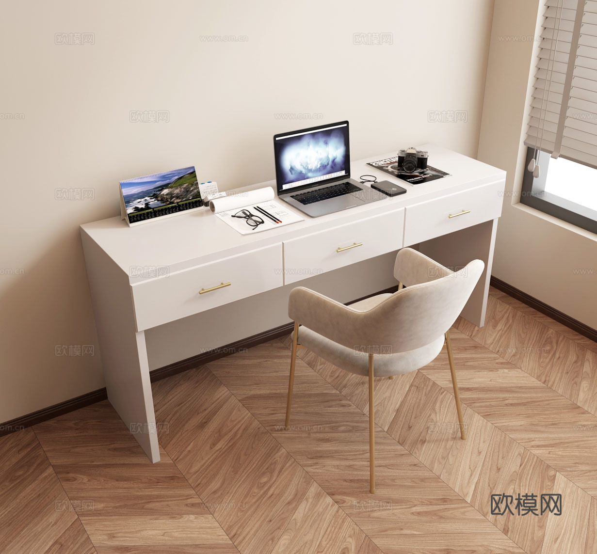 法式奶油现代写字桌椅笔记本电脑su模型