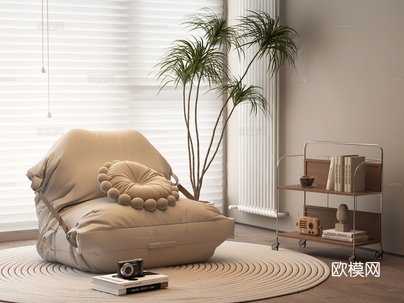 奶油懒人沙发边几暖气片su模型下载（渲染图1）
