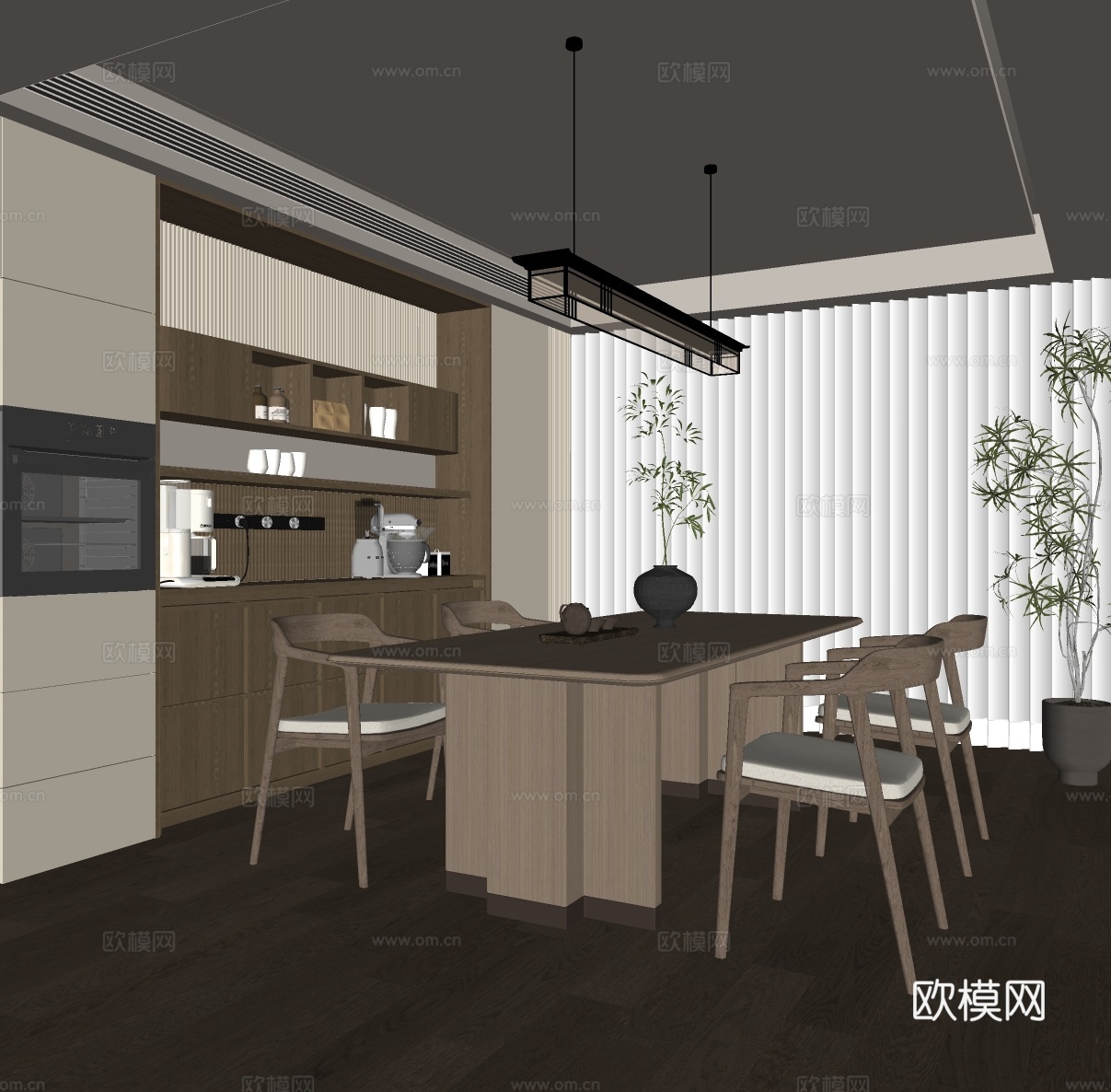 新中式家居餐厅 餐桌椅 餐边柜  吊灯 宋式风 长桌su模型