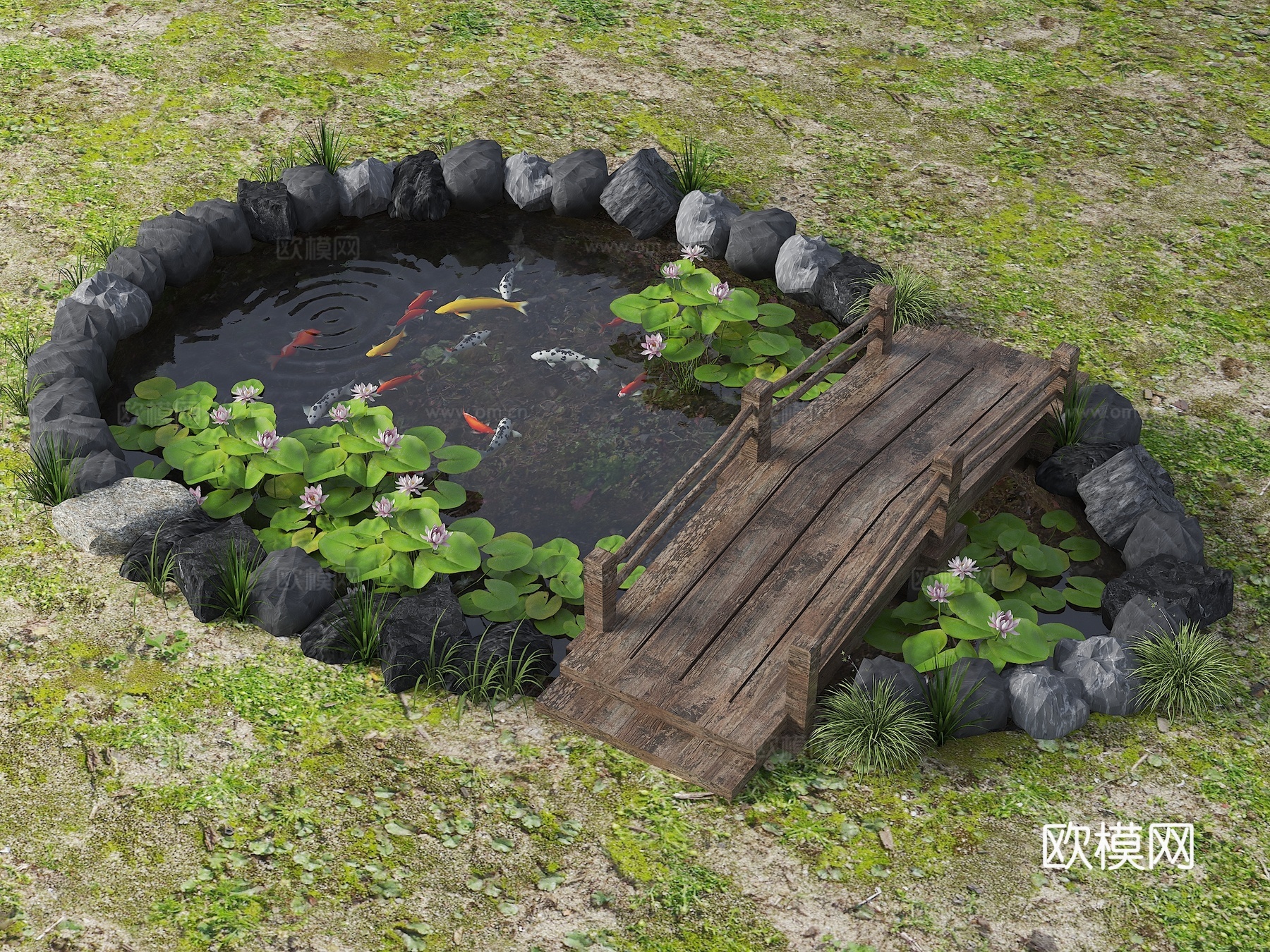 新中式景观水池 荷花池 景鲤池 原生鱼池 水景 生态鱼池 庭su模型