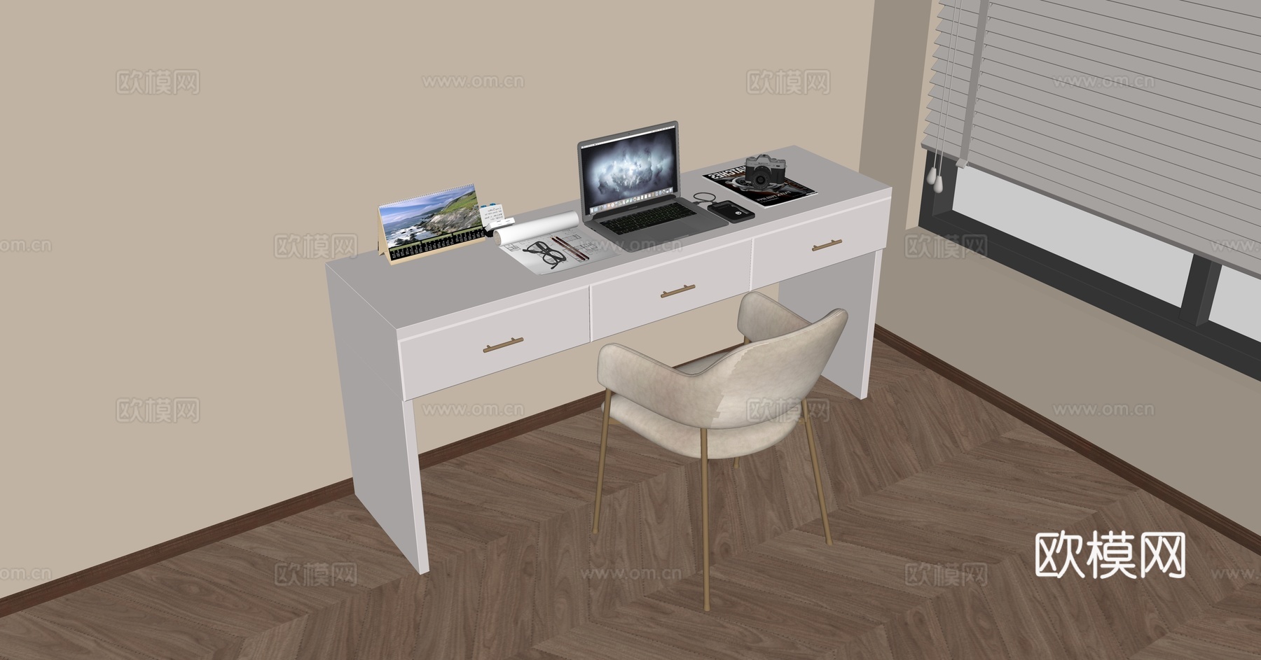 法式奶油现代写字桌椅笔记本电脑su模型