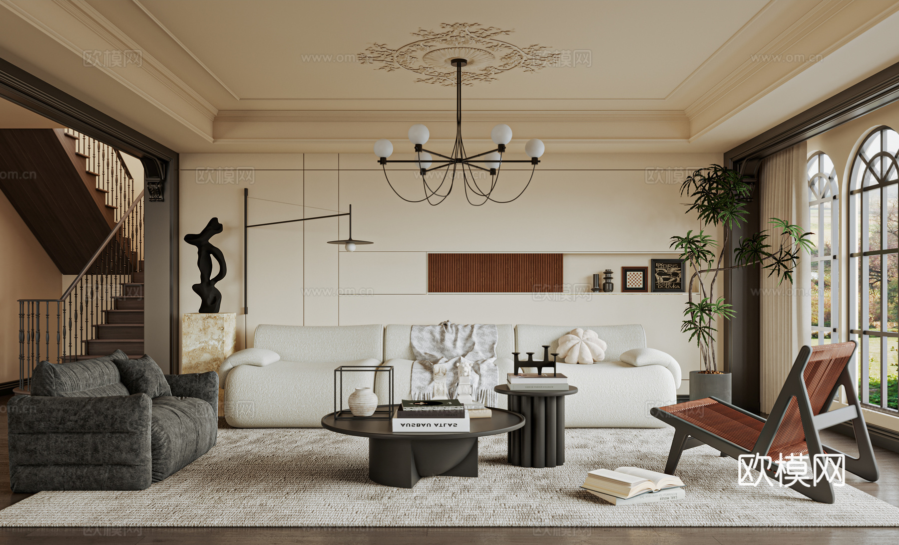 法式  客厅 沙发 单椅 茶几su模型下载（渲染图1）