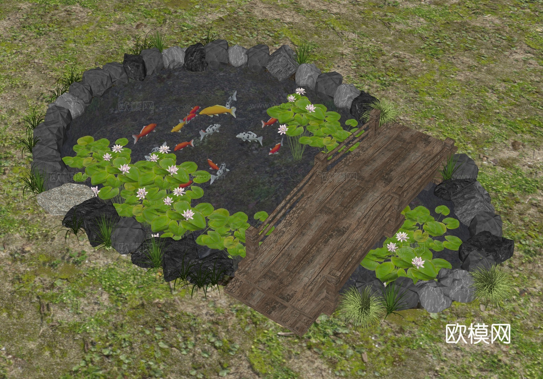 新中式景观水池 荷花池 景鲤池 原生鱼池 水景 生态鱼池 庭su模型