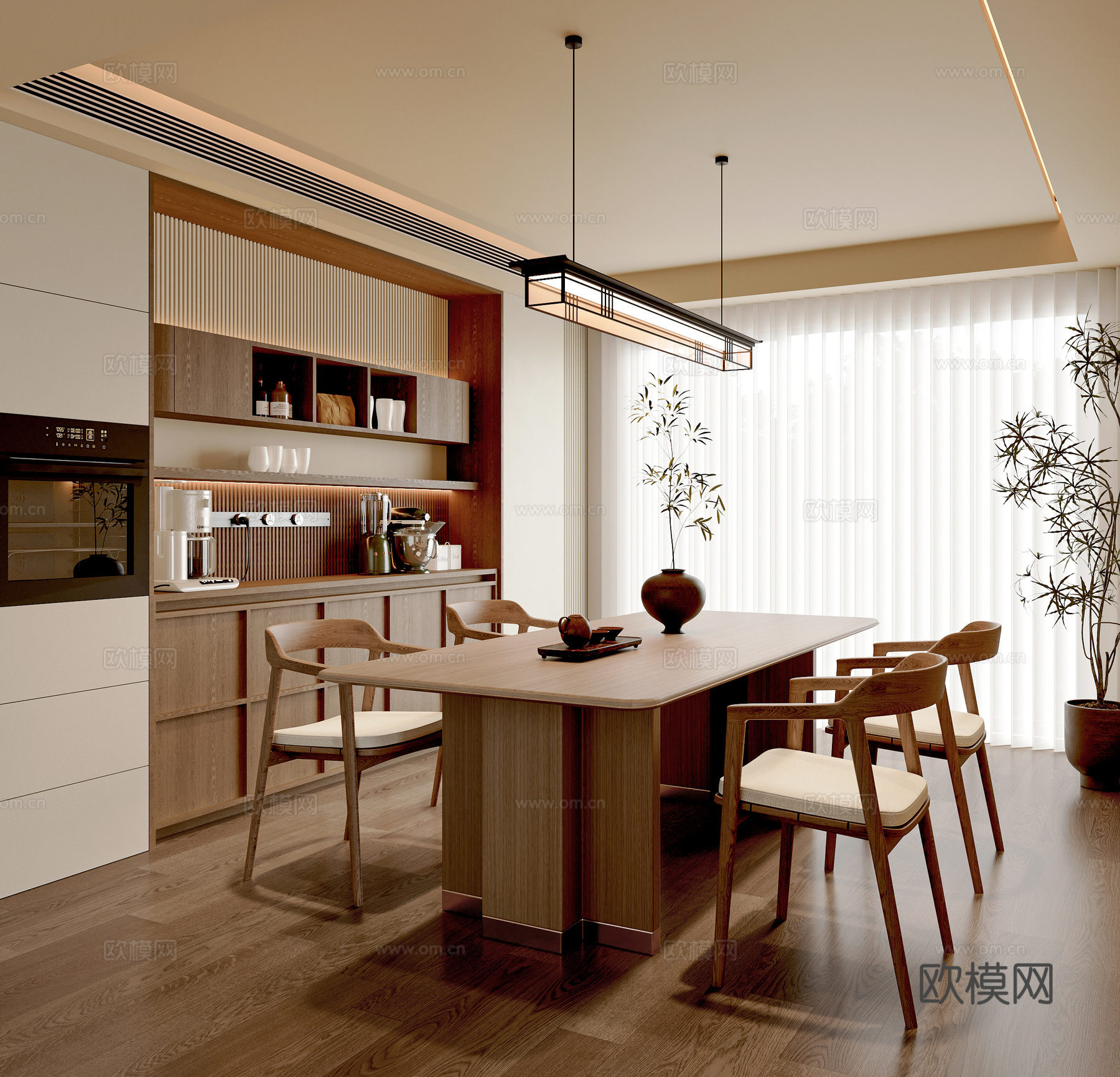 新中式家居餐厅 餐桌椅 餐边柜  吊灯 宋式风 长桌su模型