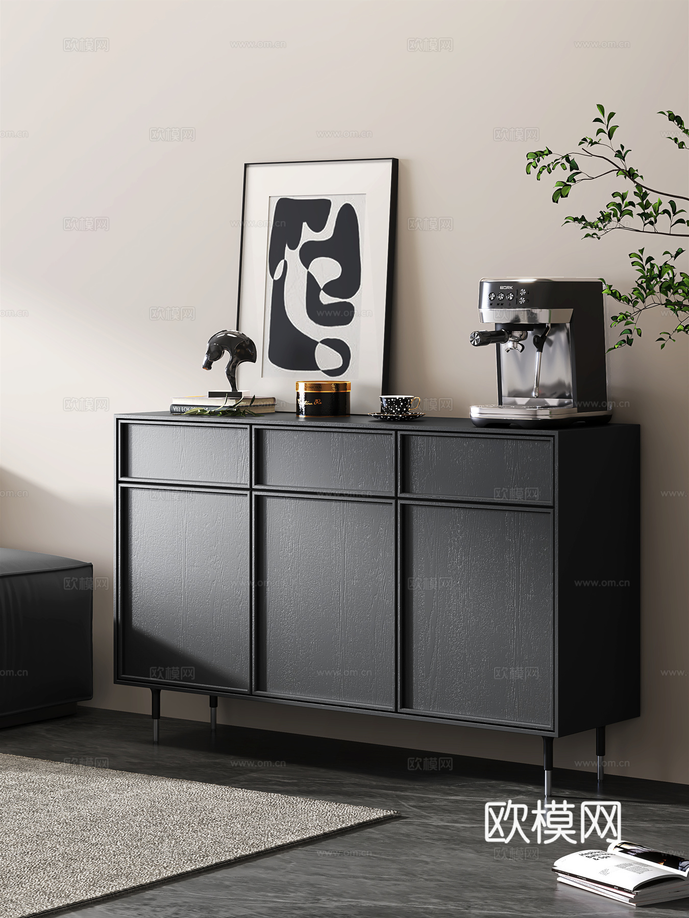 意式风格玄关边柜 端景柜 装饰品摆件 装饰画 咖啡机3d模型下载