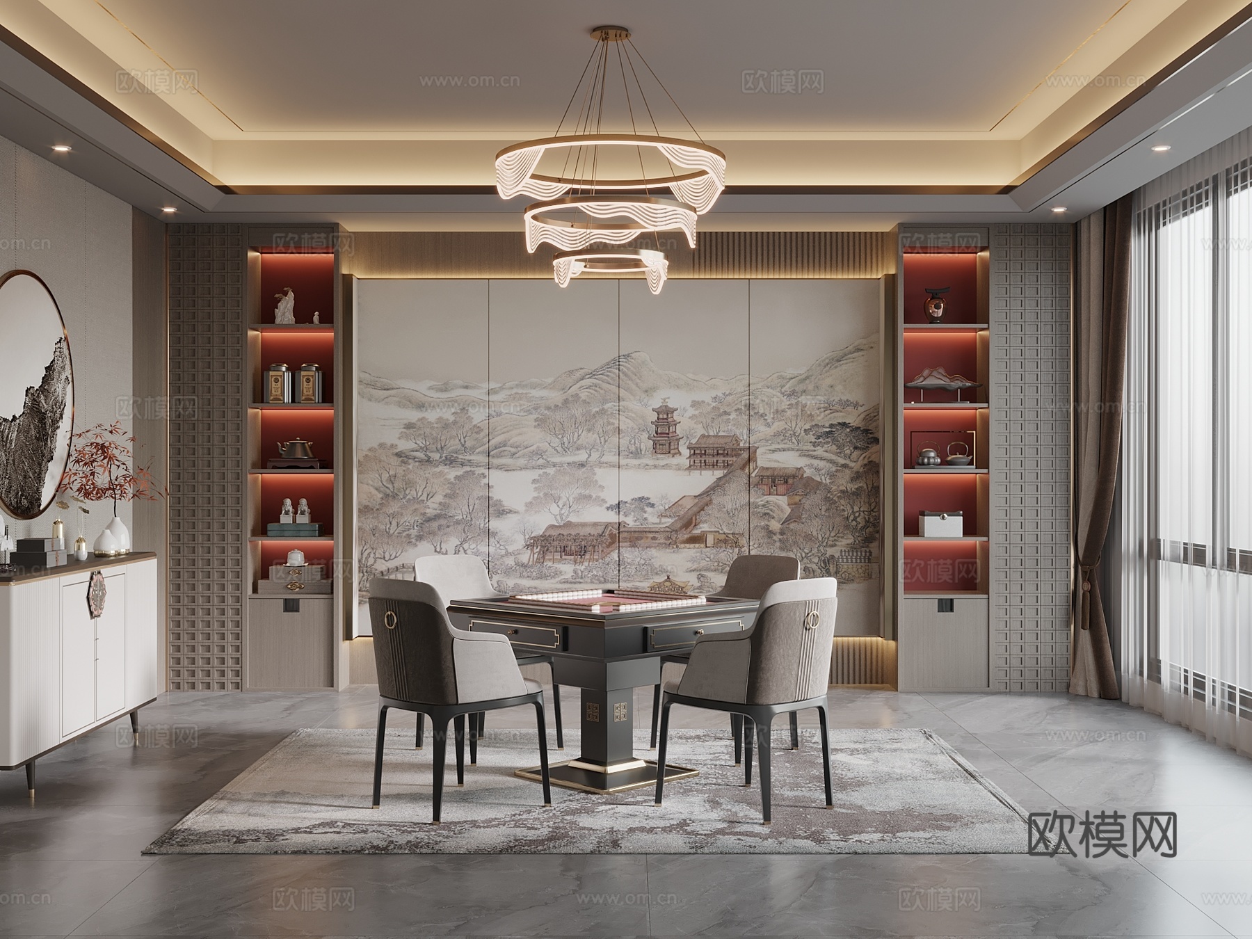 新中式 麻将室 棋牌室 麻将桌 背景墙su模型