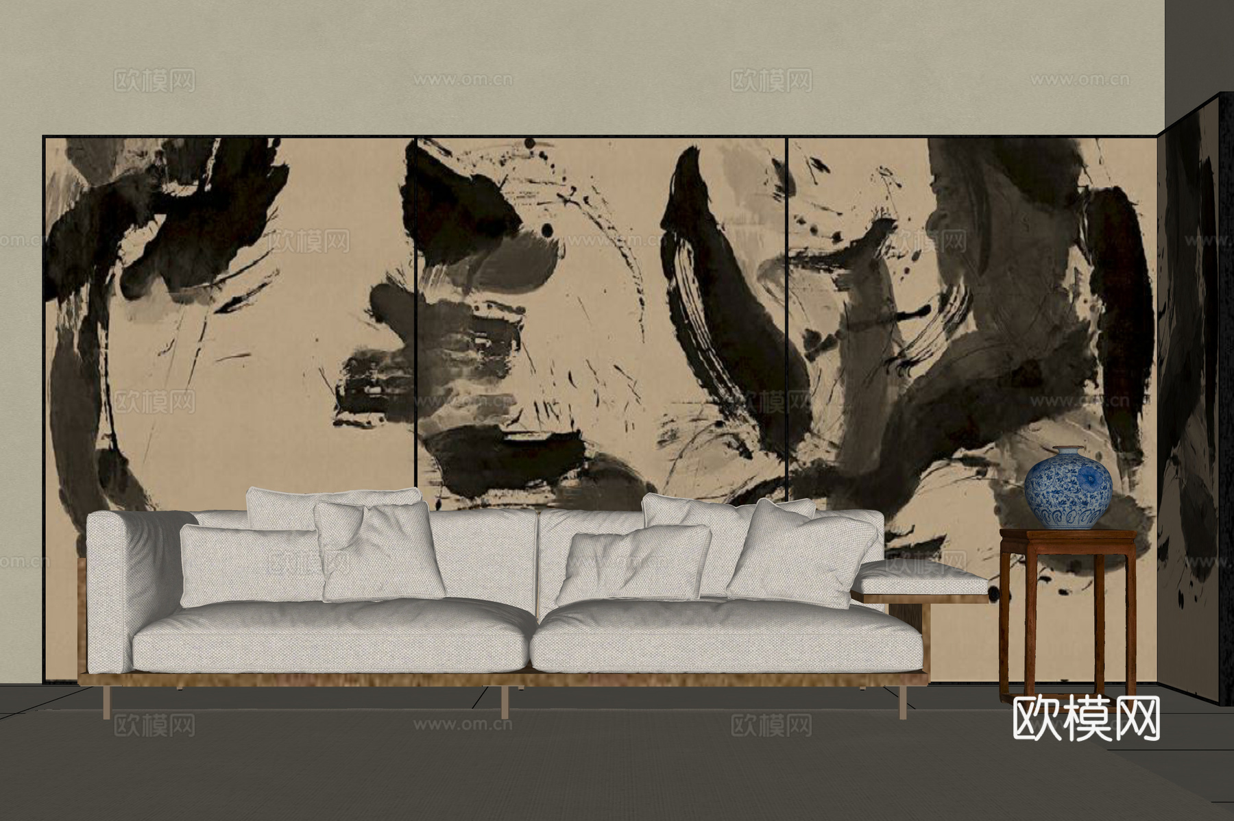 新中式沙发 屏风背景 模块沙发 青花瓷摆件su模型