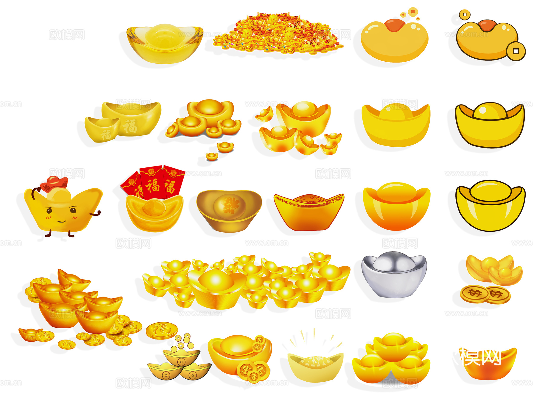 中式元素，祥云，元宝，钱币，金币，钱袋，剪影，墙饰，装饰，元su模型