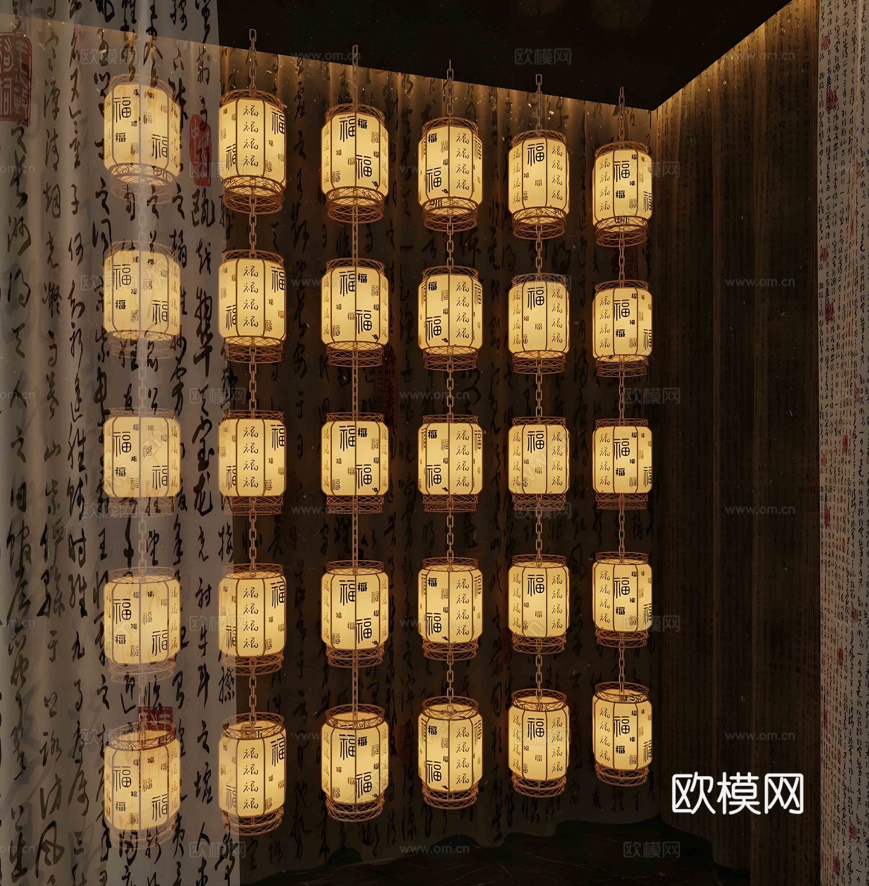 新中式灯笼 新中式艺术装置 竹编灯笼 中式网红书房灯笼su模型