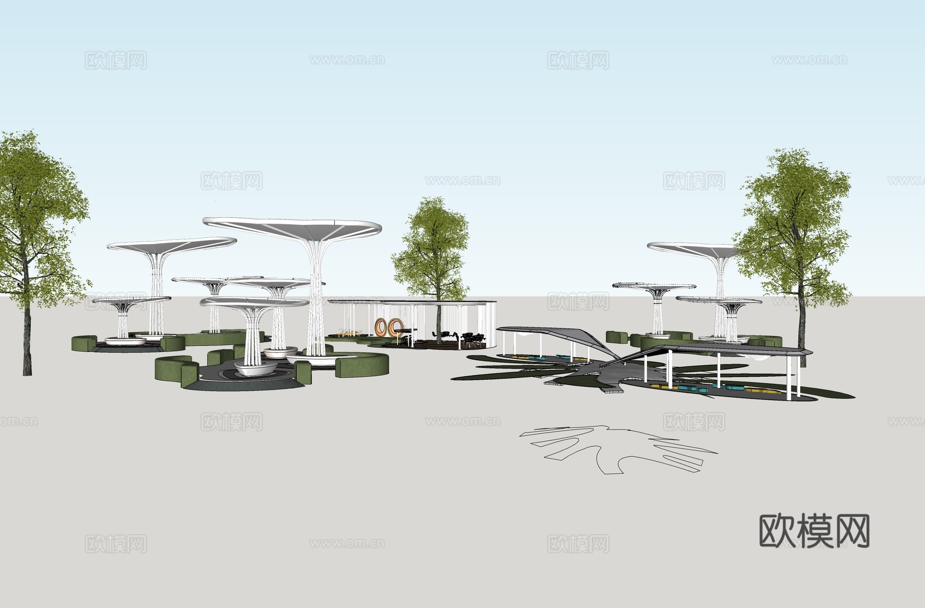 现代廊架 口袋公园景观公园 弧形廊架异形廊架 遮阳景观建筑su模型