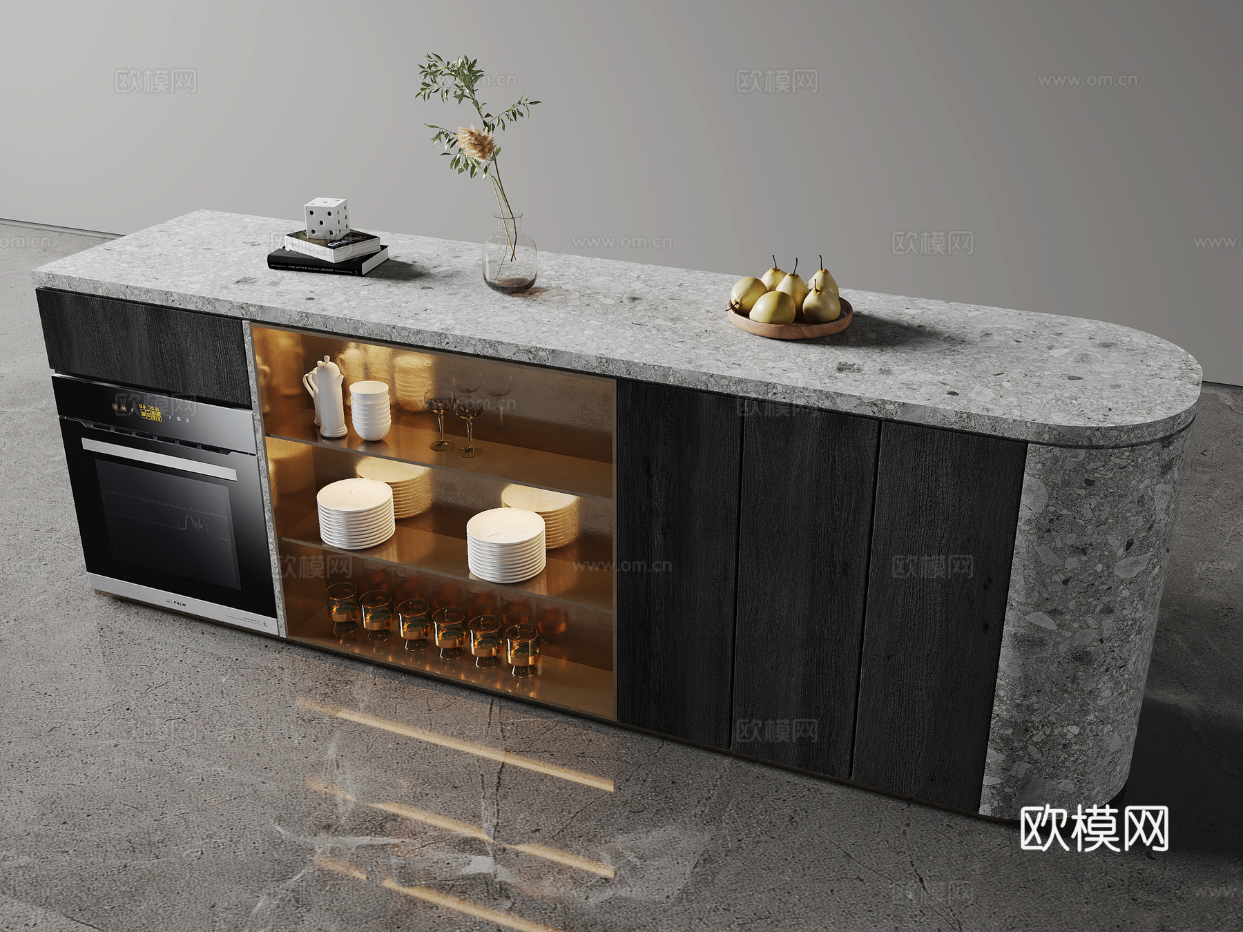 现代水吧台 吧凳 饰品摆件 果盘 植物su模型下载（渲染图2）