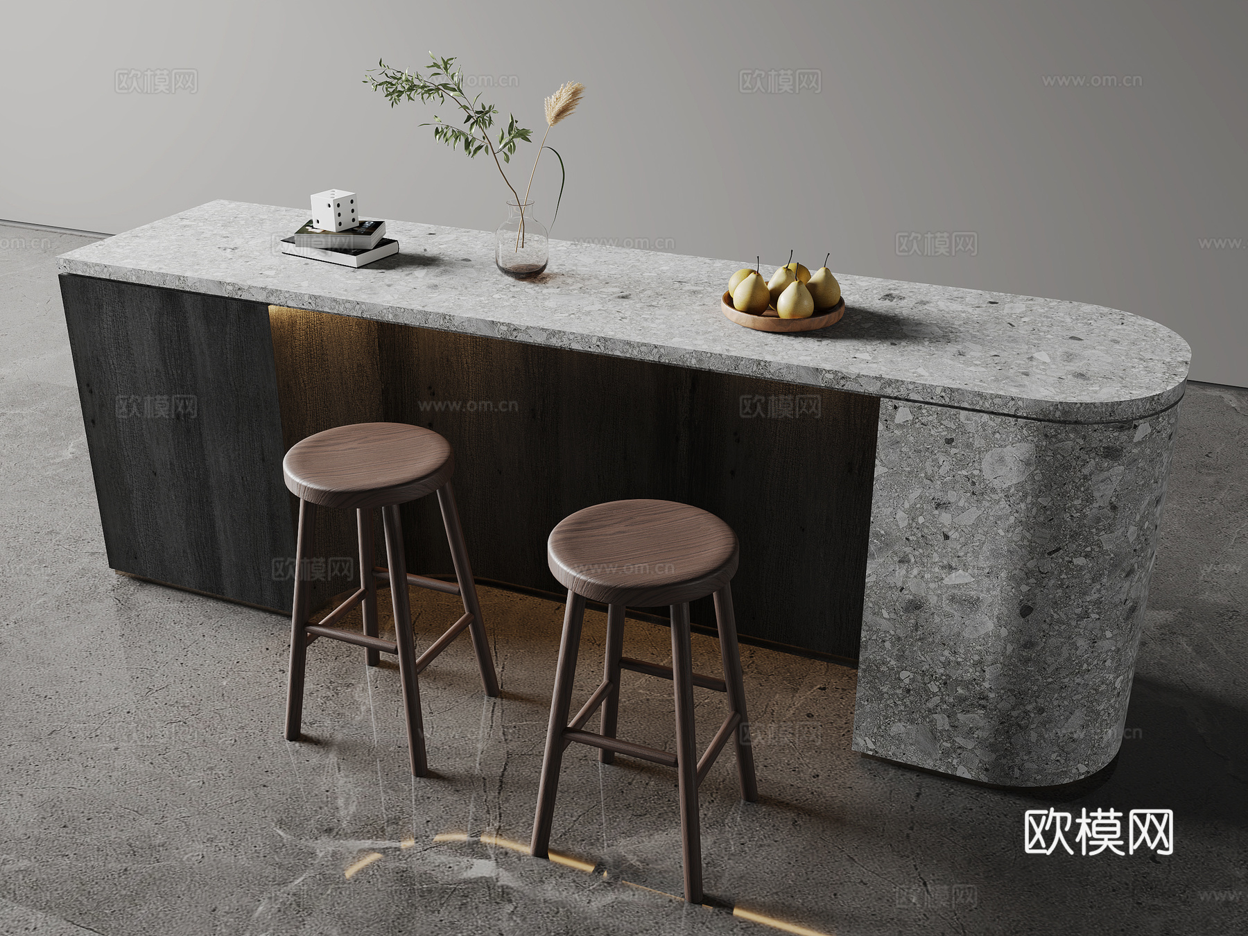 现代水吧台 吧凳 饰品摆件 果盘 植物su模型下载（渲染图1）
