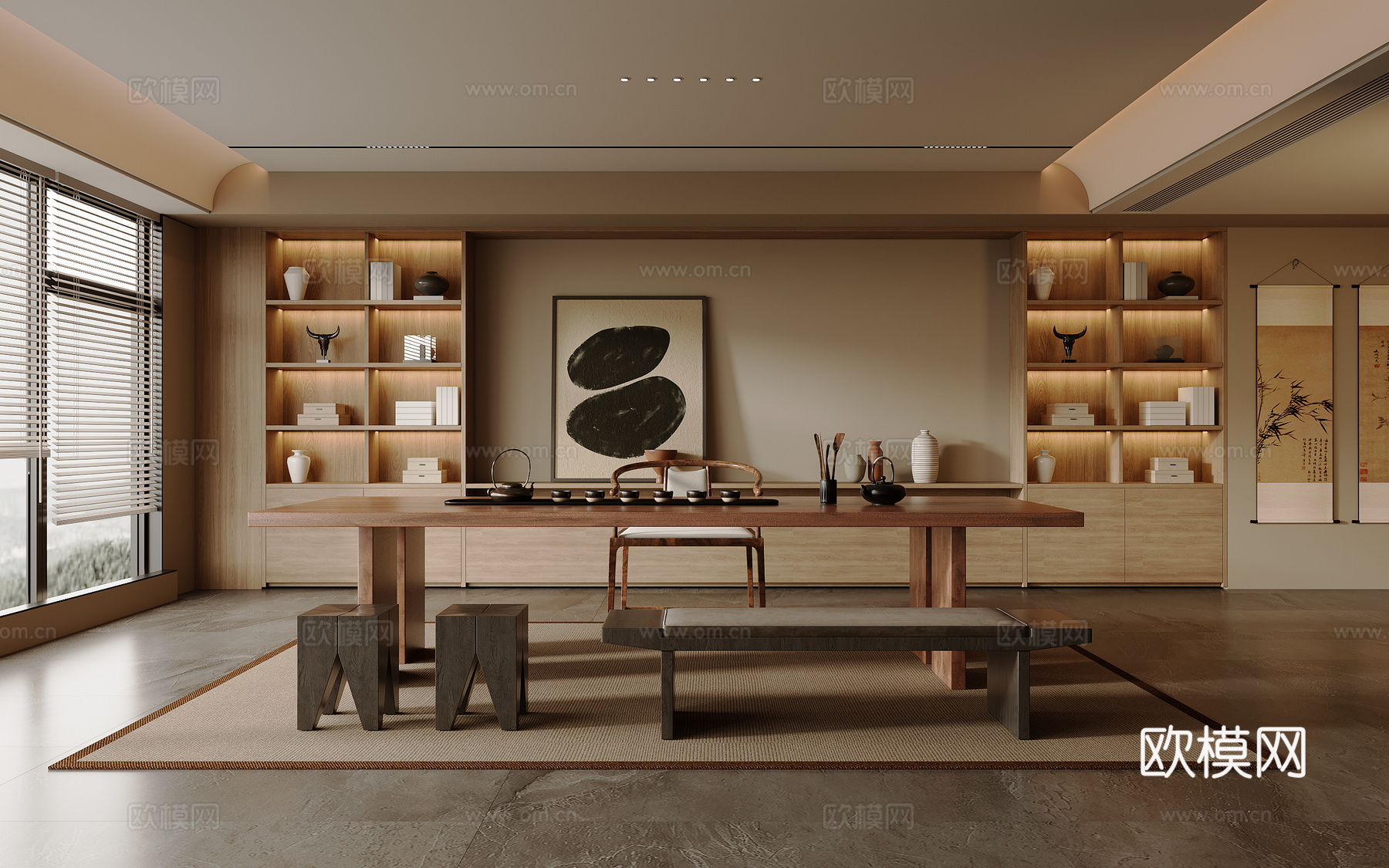 实木茶桌椅组合 大板桌茶台 茶具用品 装饰茶柜 实木单椅3d模型