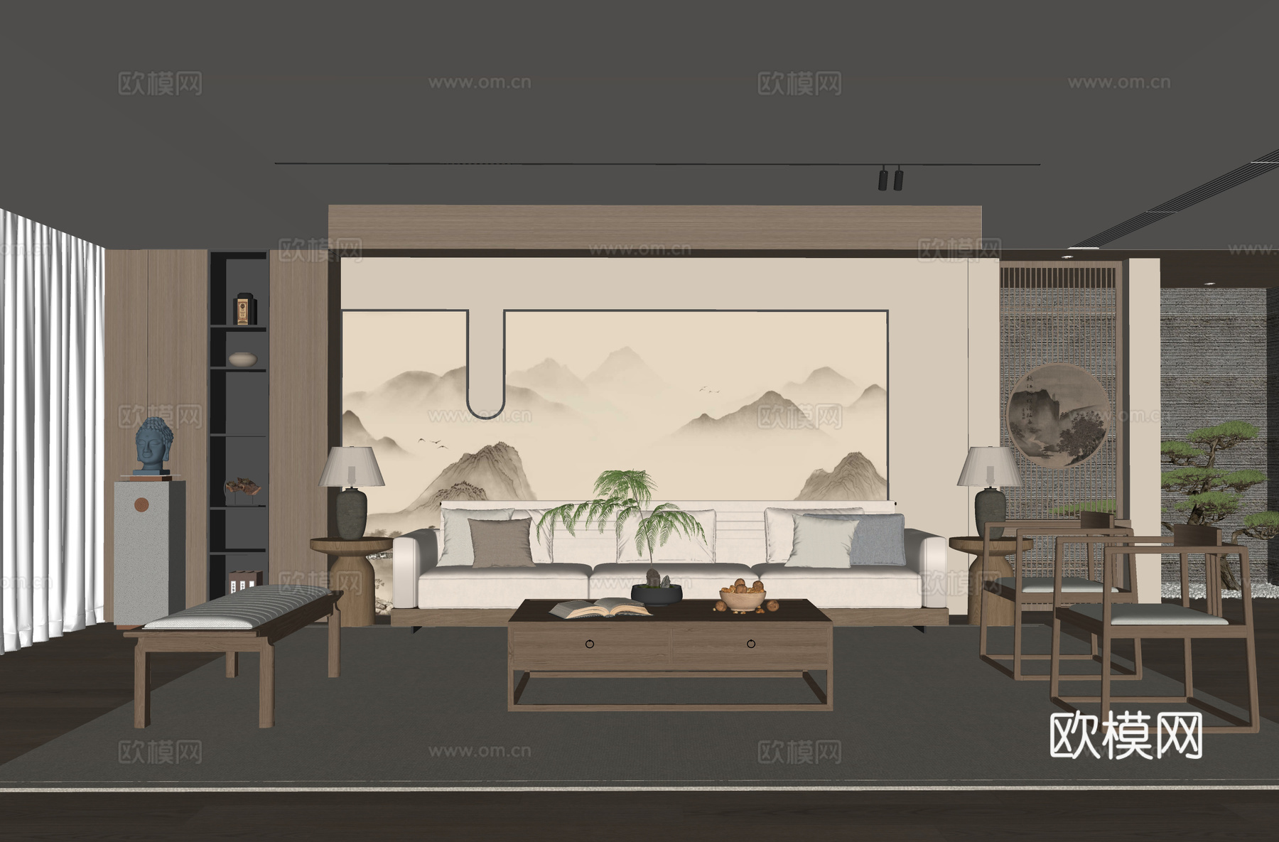 新中式客厅su模型