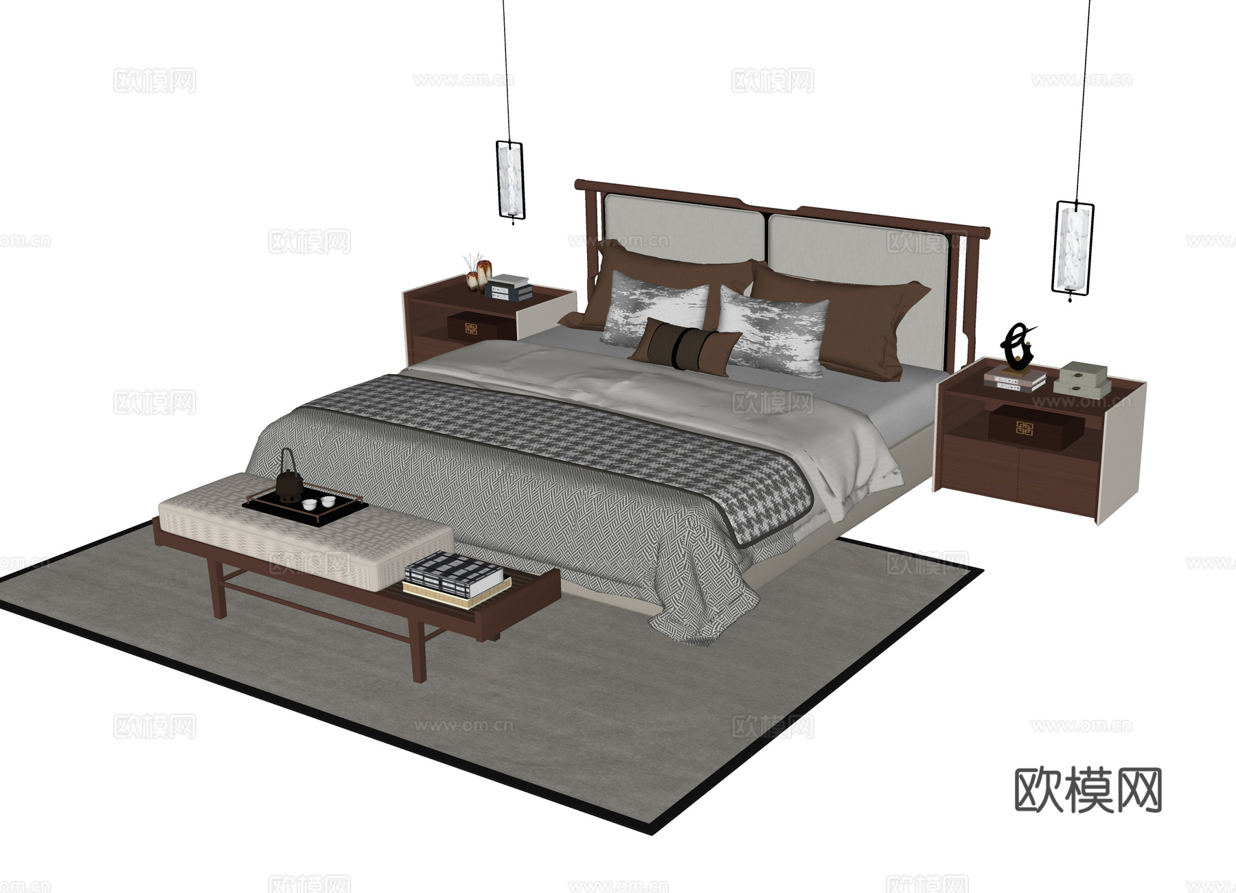 新中式双人床 床头柜 床尾凳 床头吊灯su模型下载（渲染图2）