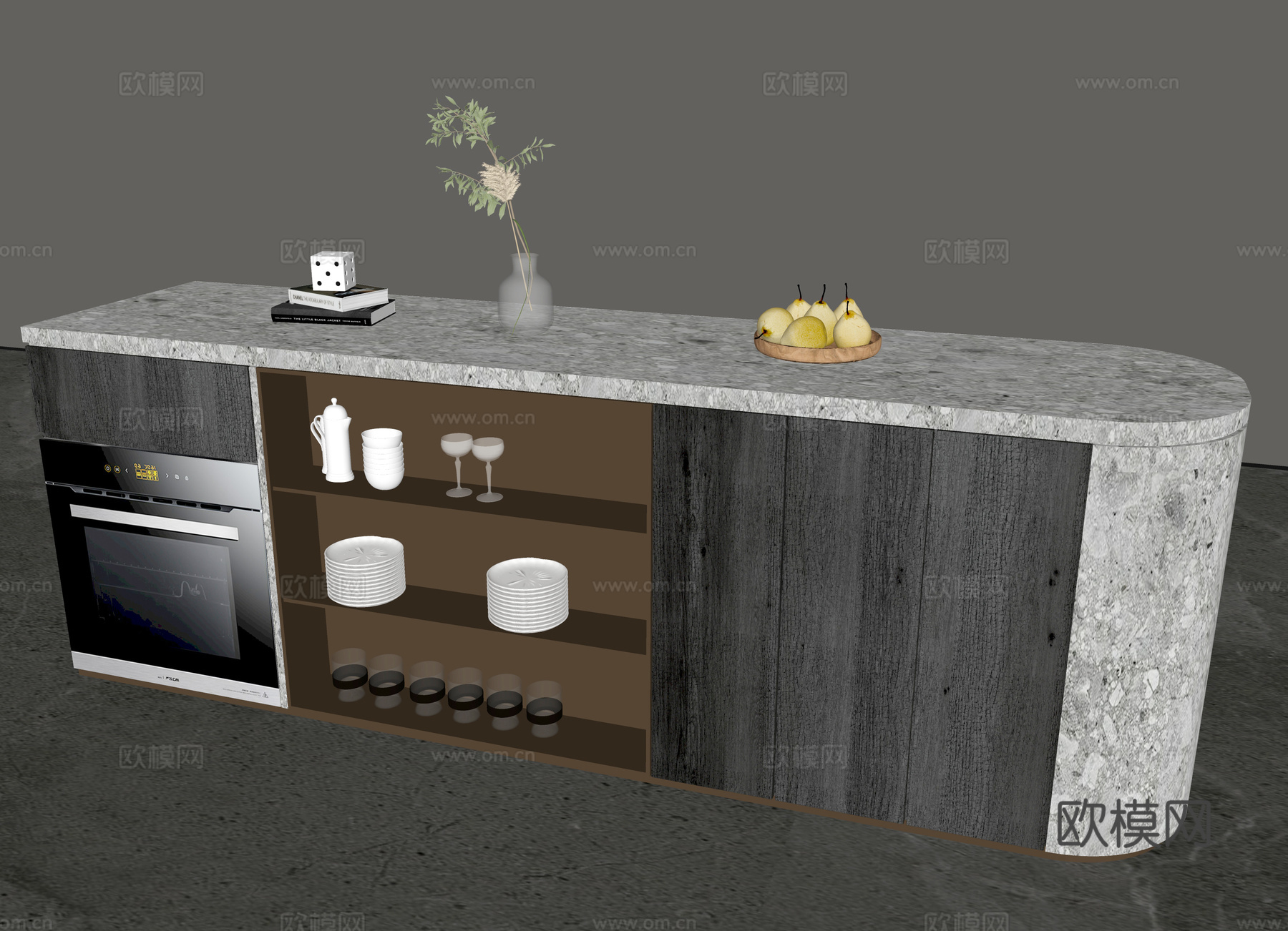 现代水吧台 吧凳 饰品摆件 果盘 植物su模型下载（渲染图4）