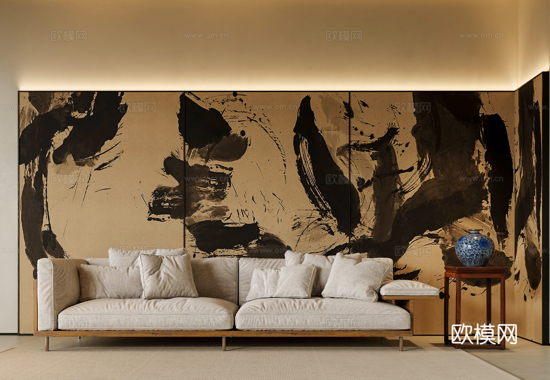 新中式沙发 屏风背景 模块沙发 青花瓷摆件su模型