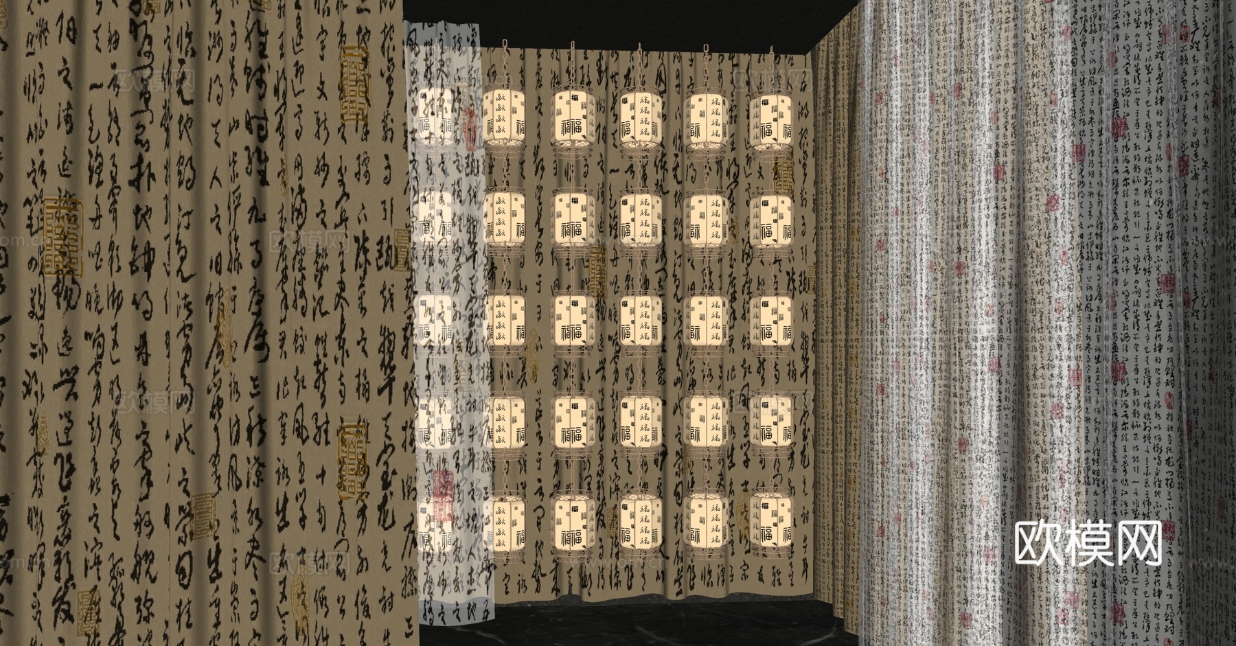 新中式灯笼 新中式艺术装置 竹编灯笼 中式网红书房灯笼su模型