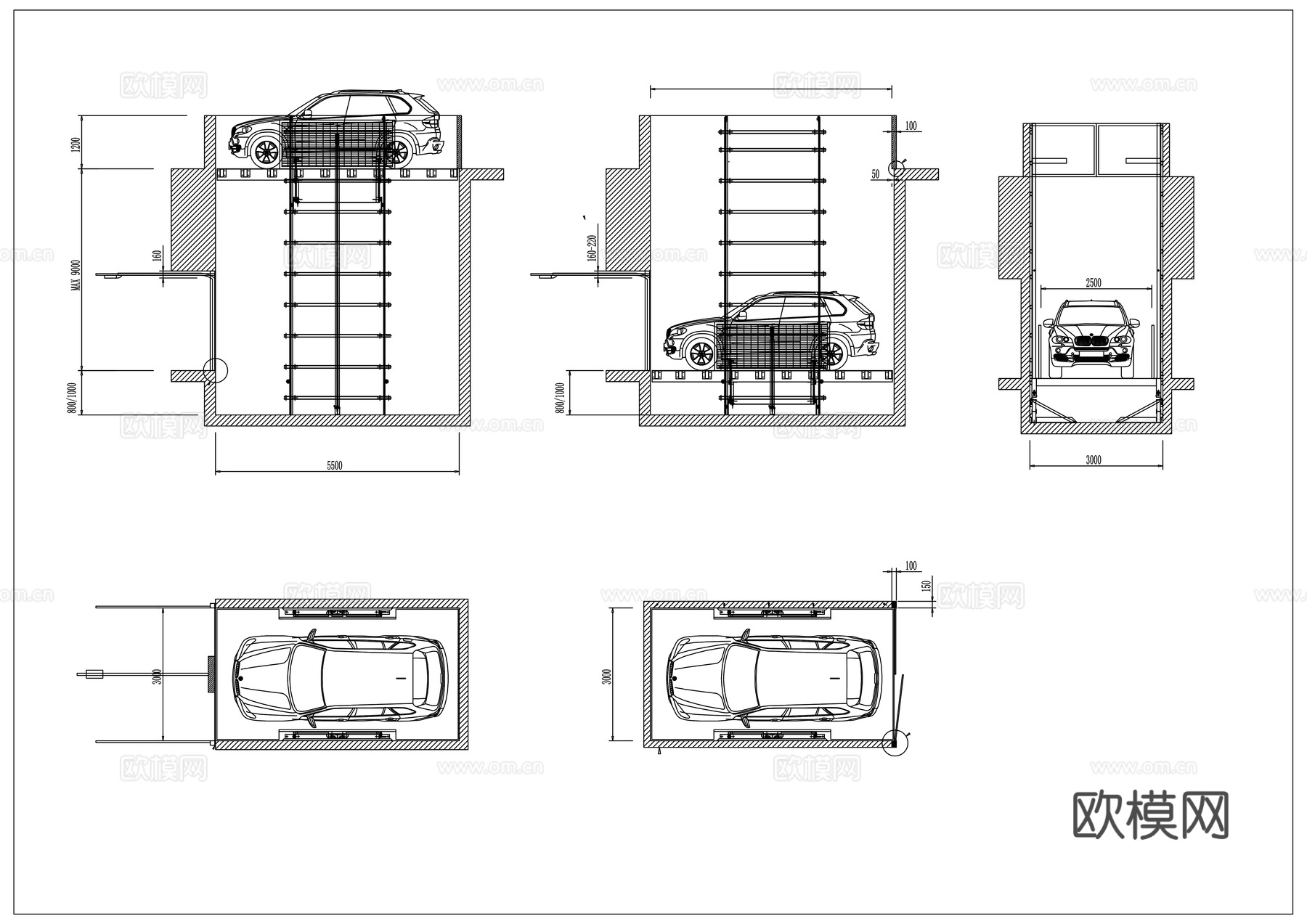 汽车升降机 汽车提升设备 车载举升机 汽修举升机 机动车升降cad施工图下载