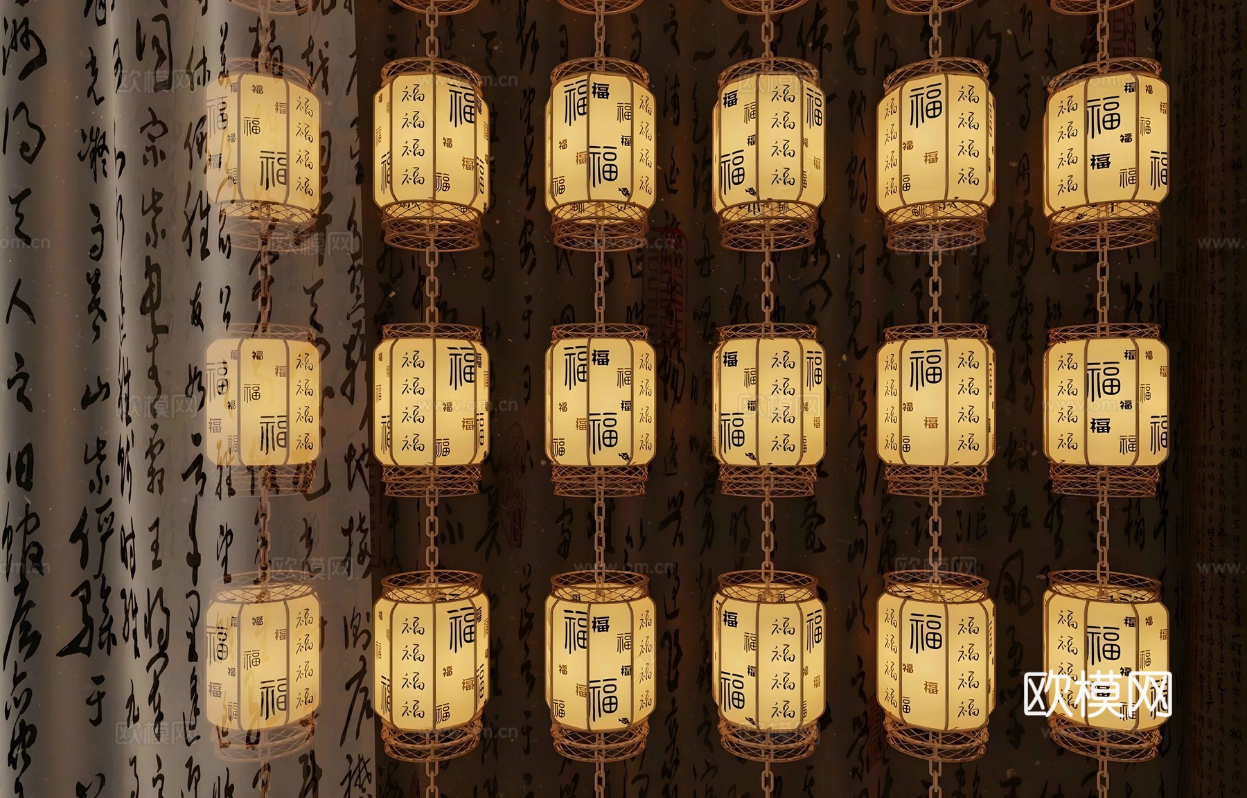 新中式灯笼 新中式艺术装置 竹编灯笼 中式网红书房灯笼su模型