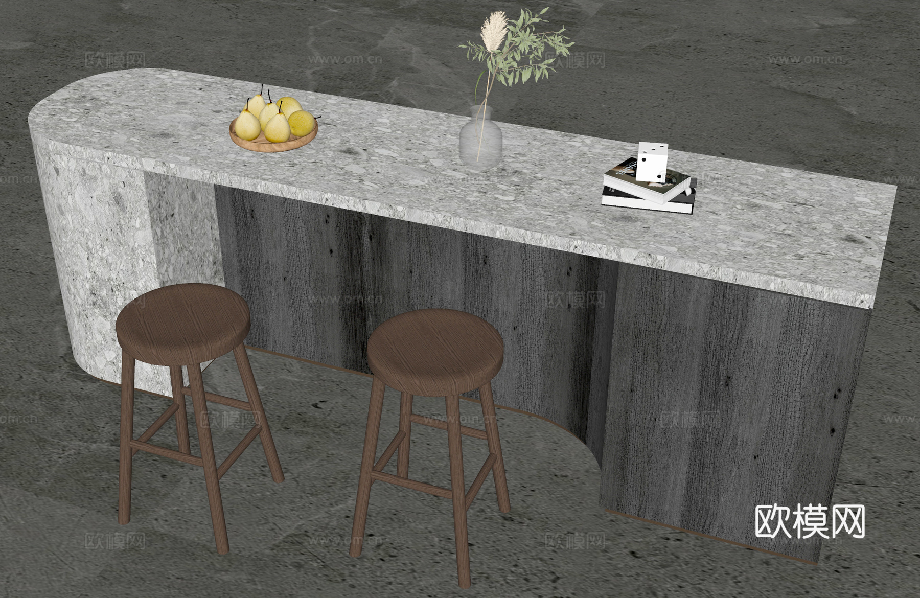 现代水吧台 吧凳 饰品摆件 果盘 植物su模型下载（渲染图3）