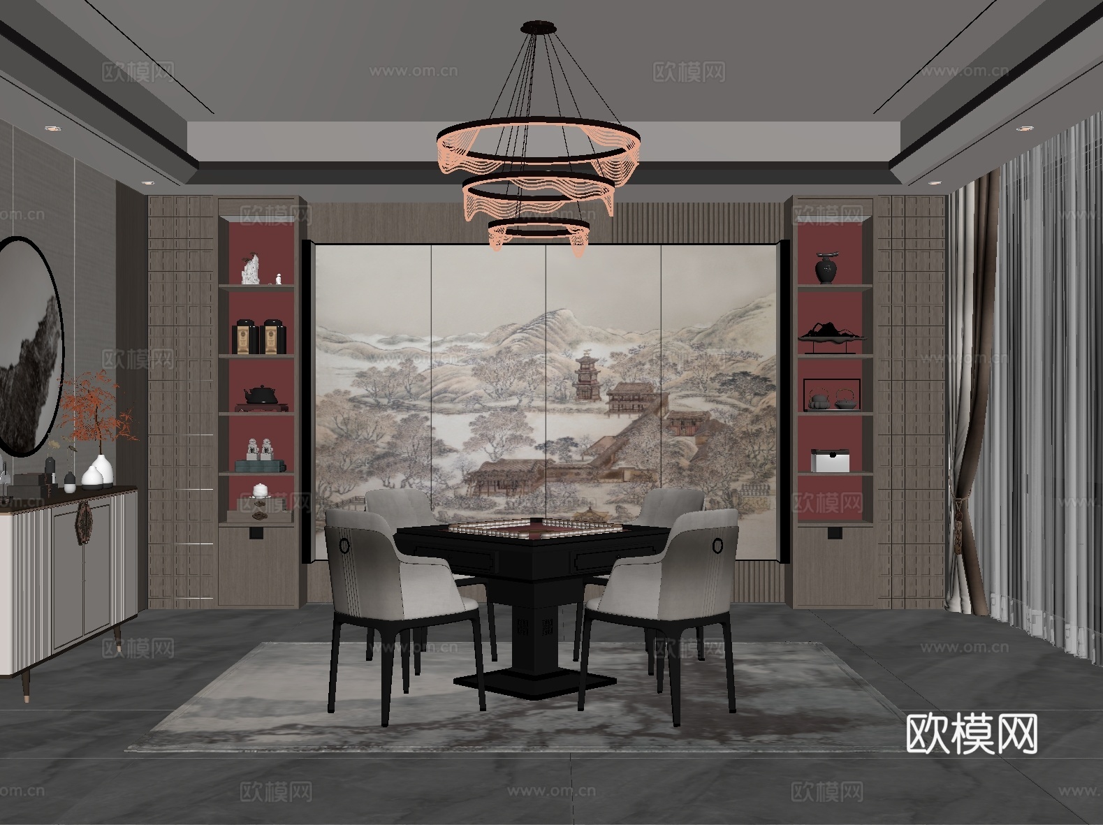 新中式 麻将室 棋牌室 麻将桌 背景墙su模型