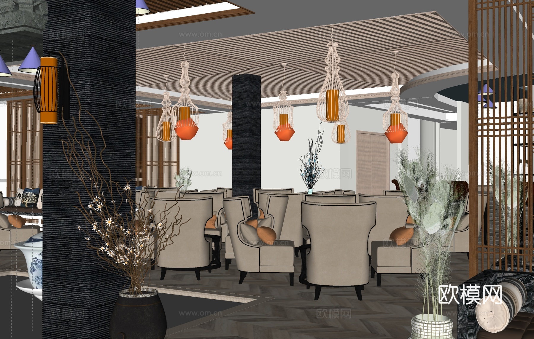 茶餐厅西餐厅   餐桌椅沙发桌椅  吊灯隔断摆件免费su模型下载（渲染图2）