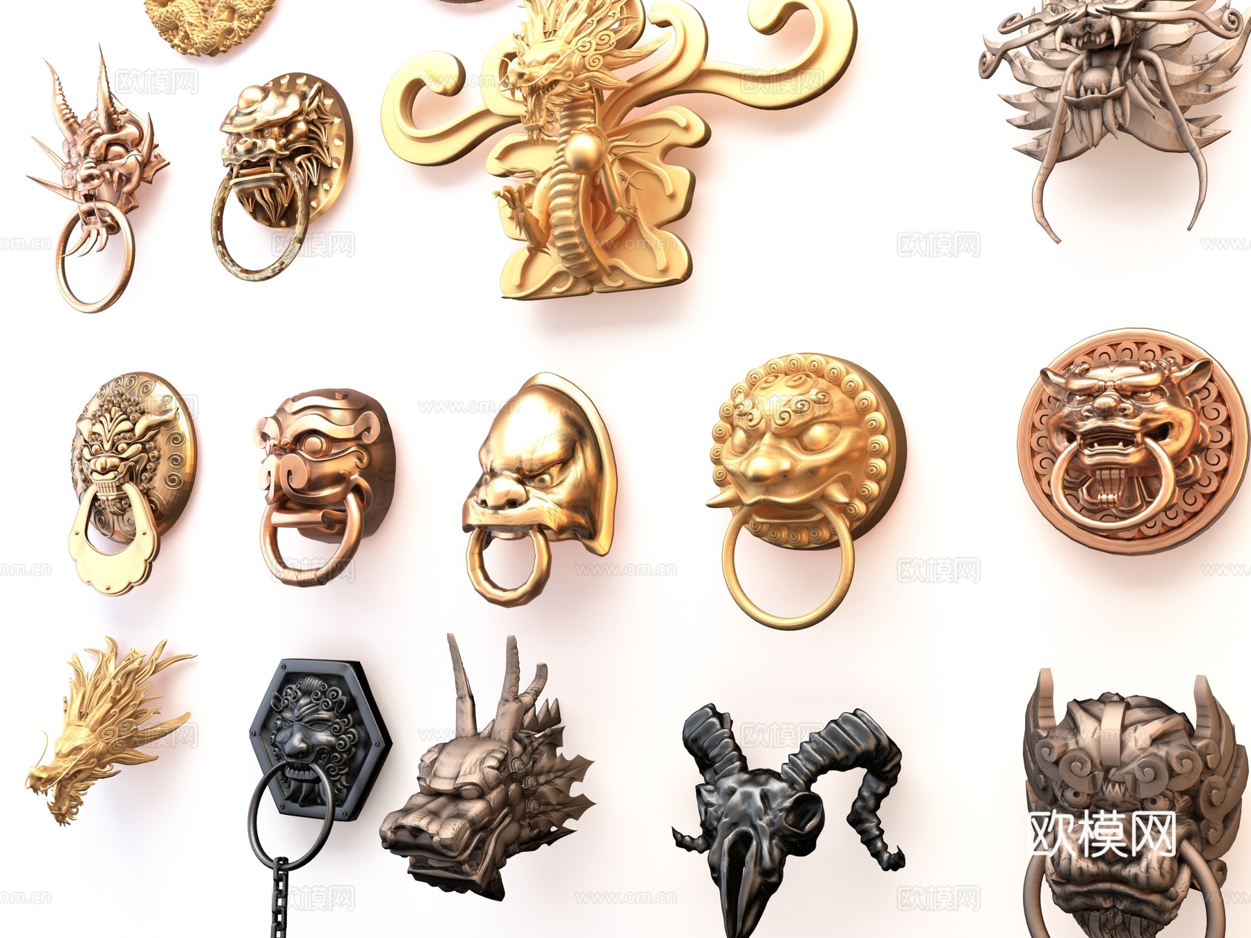 中式欧式门把手 门锁 门拉手 龙 龙头兽头 复古门拉手 门饰su模型