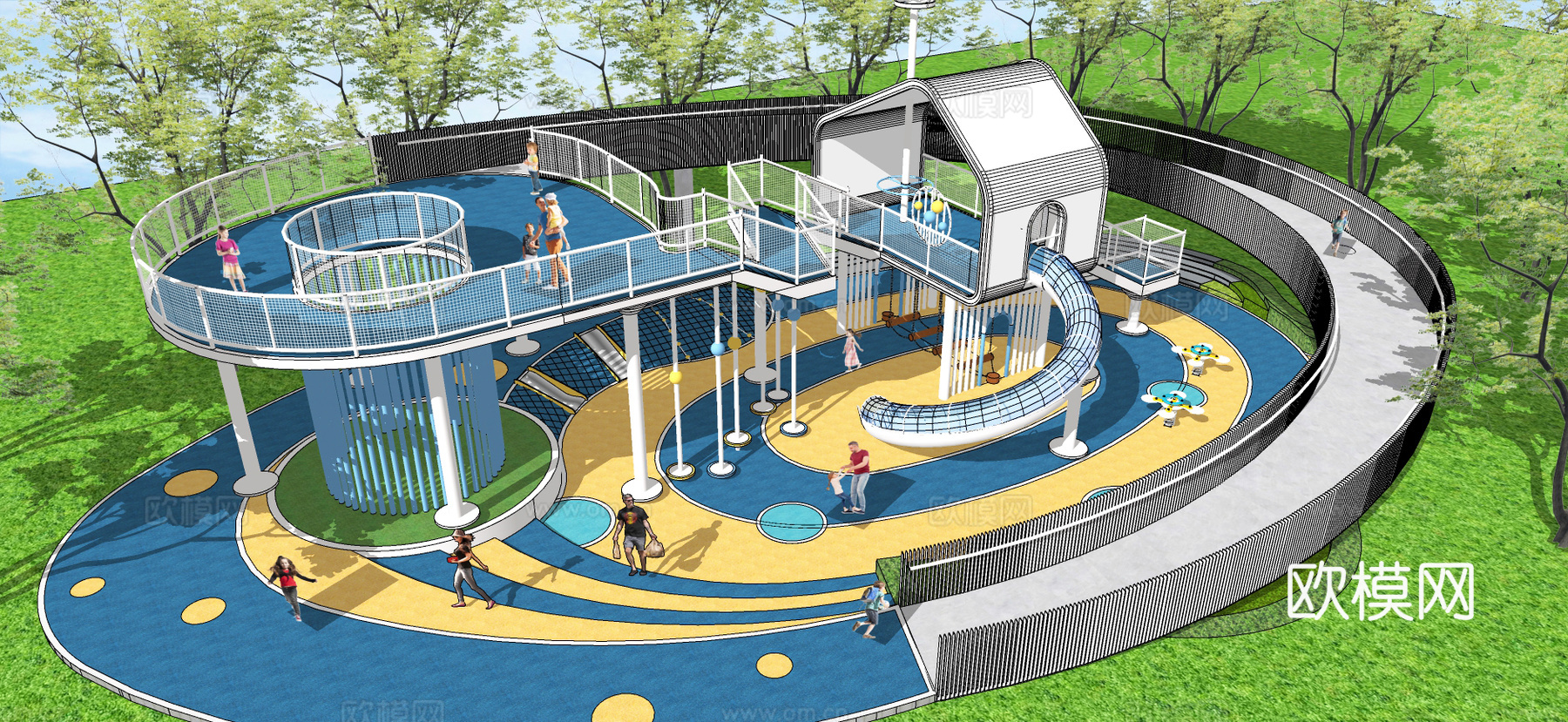 现代儿童游乐区 活动区乐园 树屋 滑梯 栈道su模型