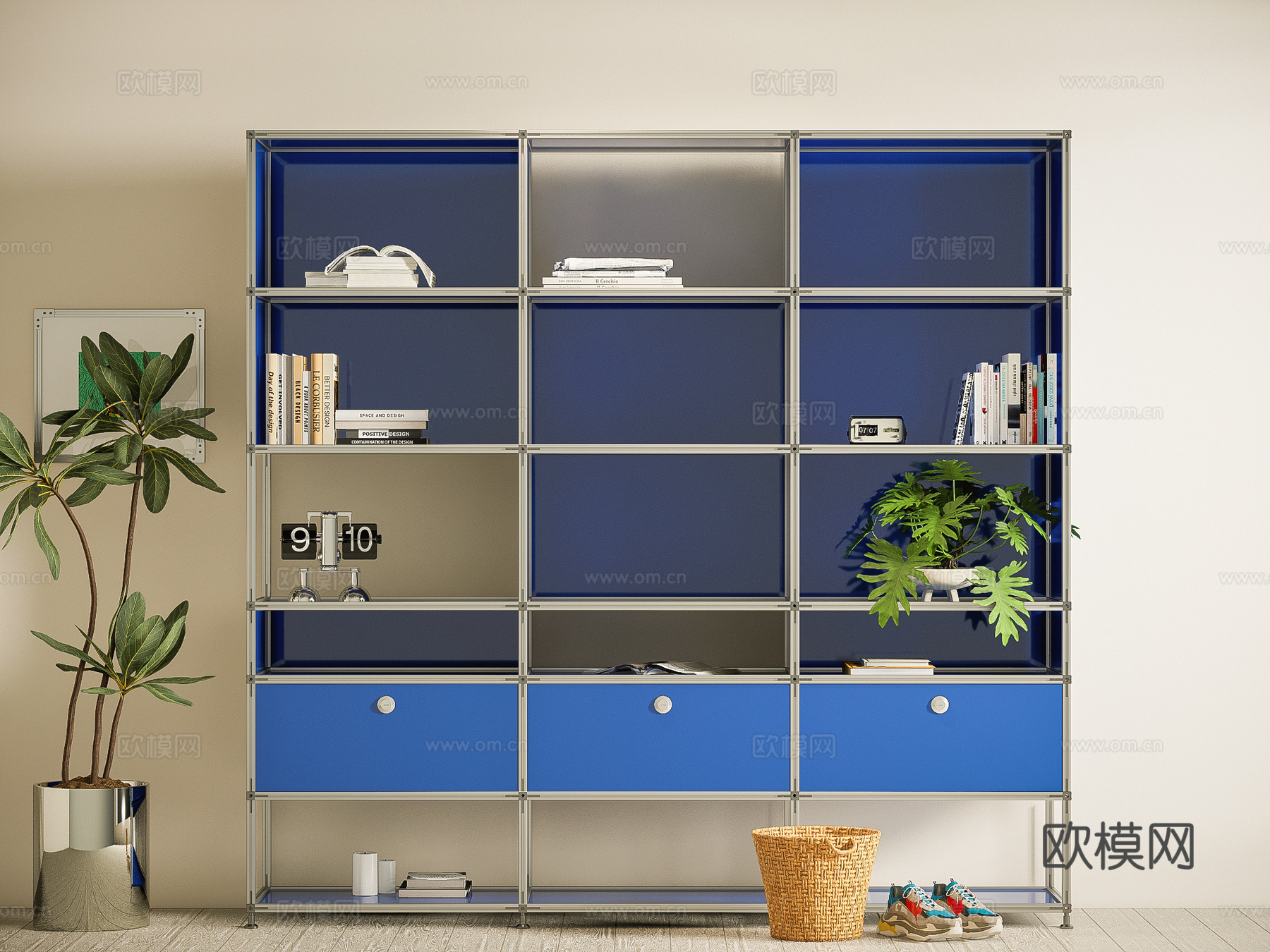 现代铝型材书柜 包豪斯文件柜 金属储物柜su模型下载（渲染图1）