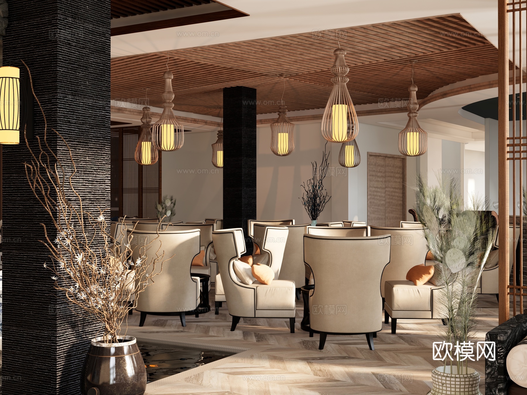 茶餐厅西餐厅   餐桌椅沙发桌椅  吊灯隔断摆件免费su模型下载（渲染图1）