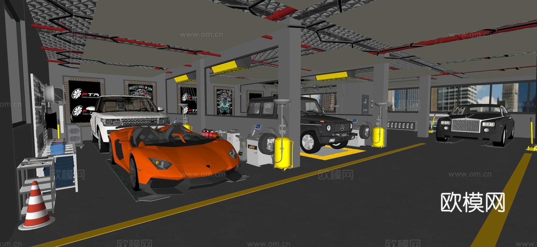 工业风汽车修理店 豪车 跑车su模型
