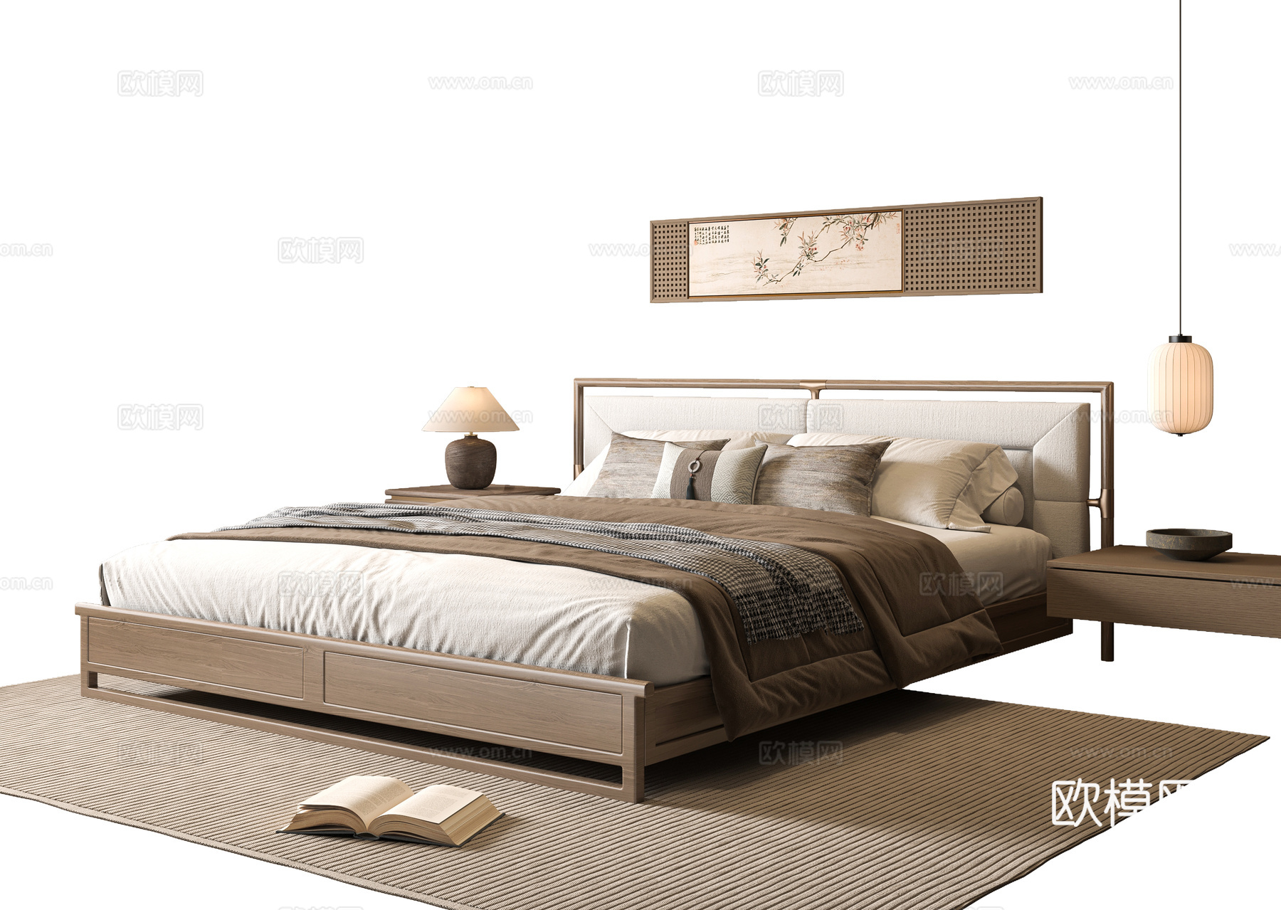 新中式双人床3d模型下载