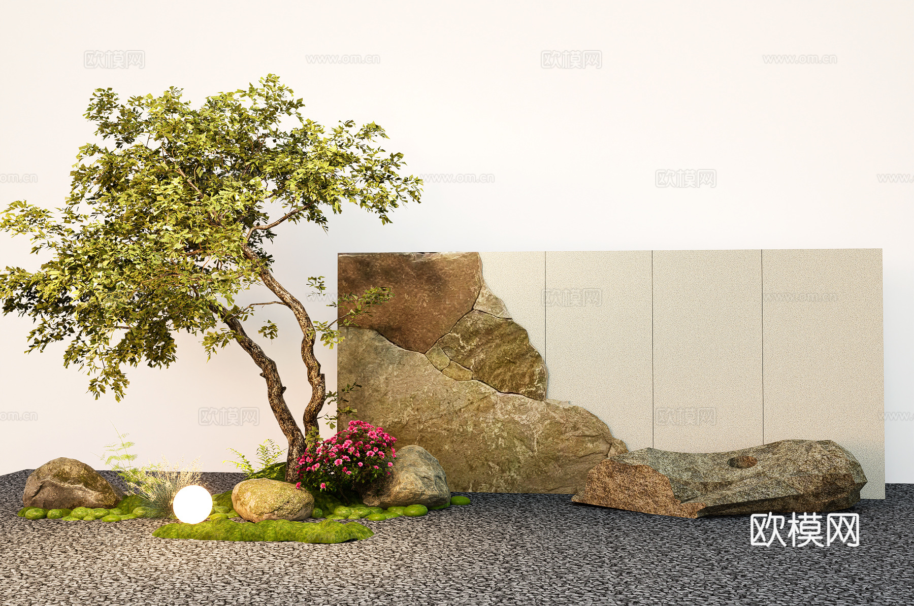 景观树红豆杉 斜飘树 造景树  景墙围墙su模型下载（渲染图1）