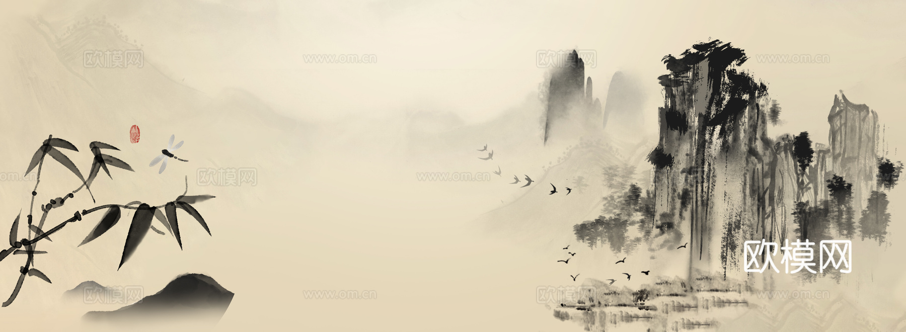 新中式中式水墨山水壁画