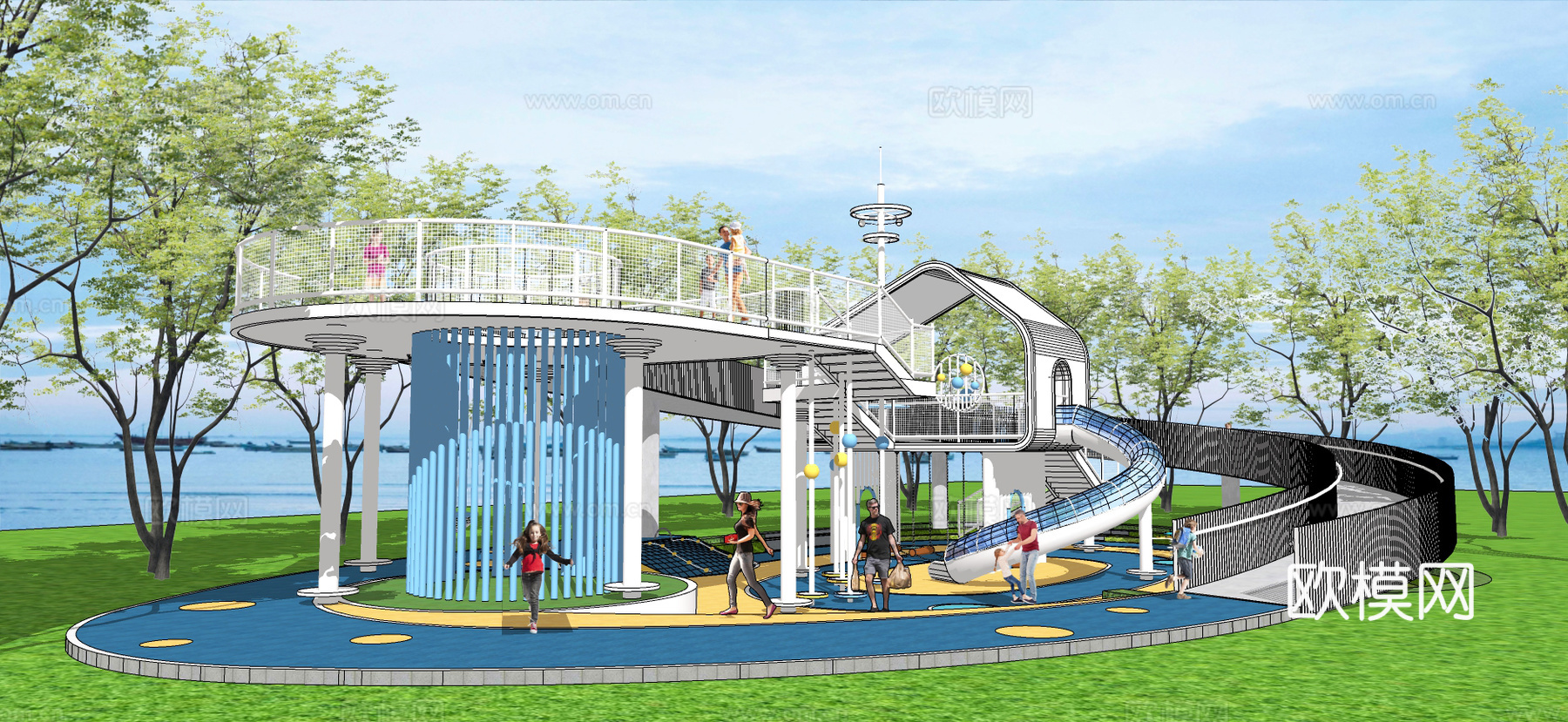 现代儿童游乐区 活动区乐园 树屋 滑梯 栈道su模型